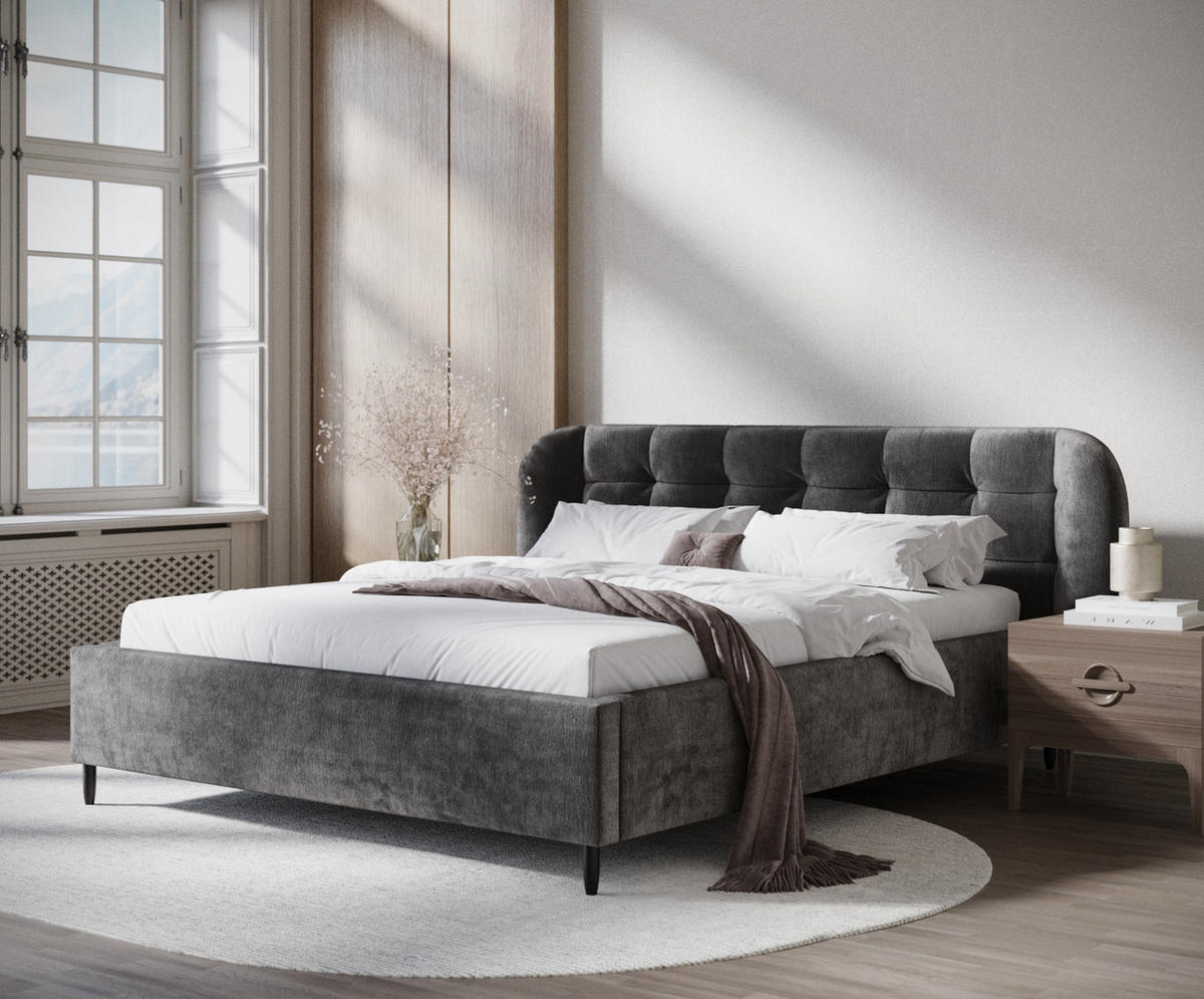 POLSTERBETT Nuno Dunkelgrau 120/200 cm im Chenille-Stoff - Dunkelgrau/Schwarz, Holz/Holzwerkstoff (120/200cm) - Maison de Reve