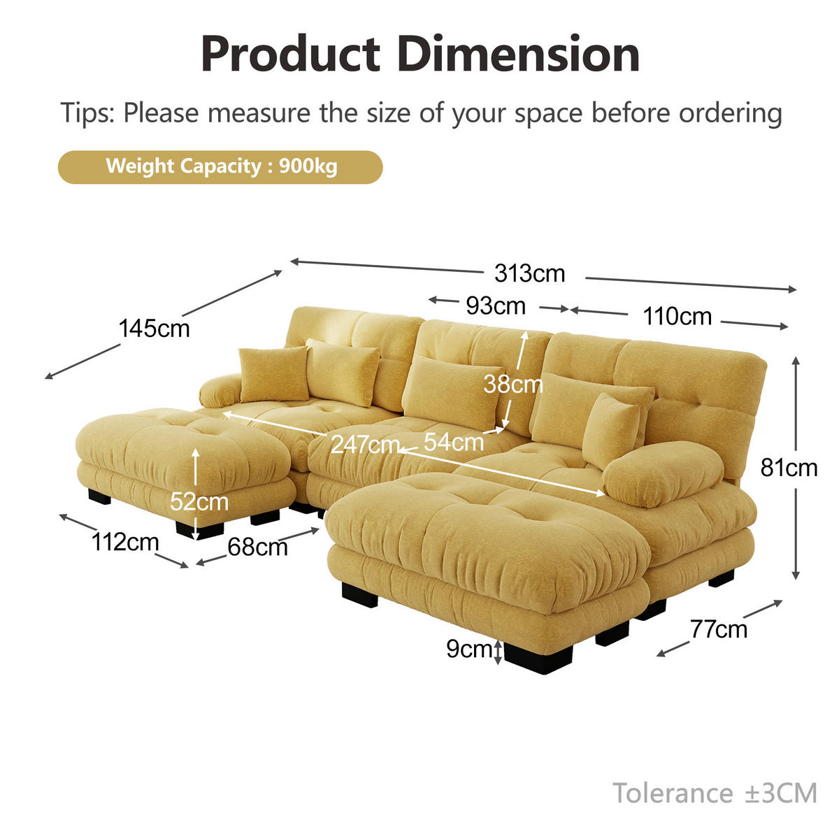 WOHNLANDSCHAFT Gelb 313/145/81 cm 3-Sitzer Modular mit Hocker - Gelb, Textil (313/81/145cm) - PANGIVO