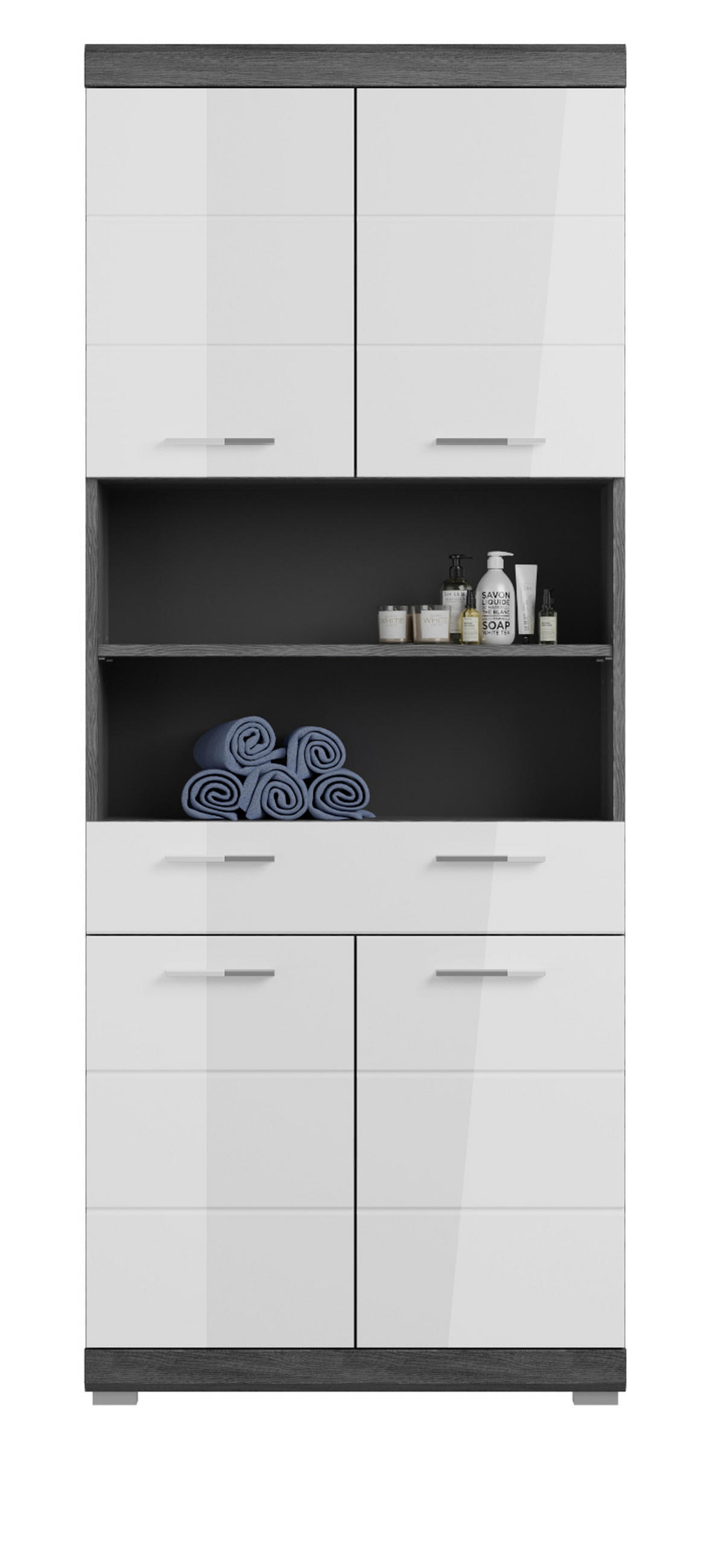 HOCHSCHRANK weiß Hochglanz, grau 4-türig 74 x 191 cm - Chromfarben/Weiß Hochglanz, Holzwerkstoff/Kunststoff (74/191/31cm) - Inn.Furn