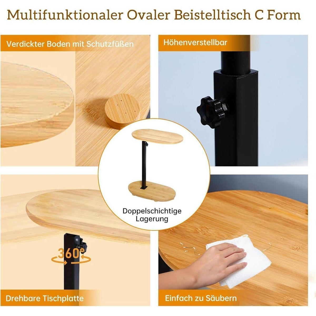 BEISTELLTISCH C Form Höhenverstellbar Bambusholz und Metall - Braun, Naturmaterialien (24/41/9cm)