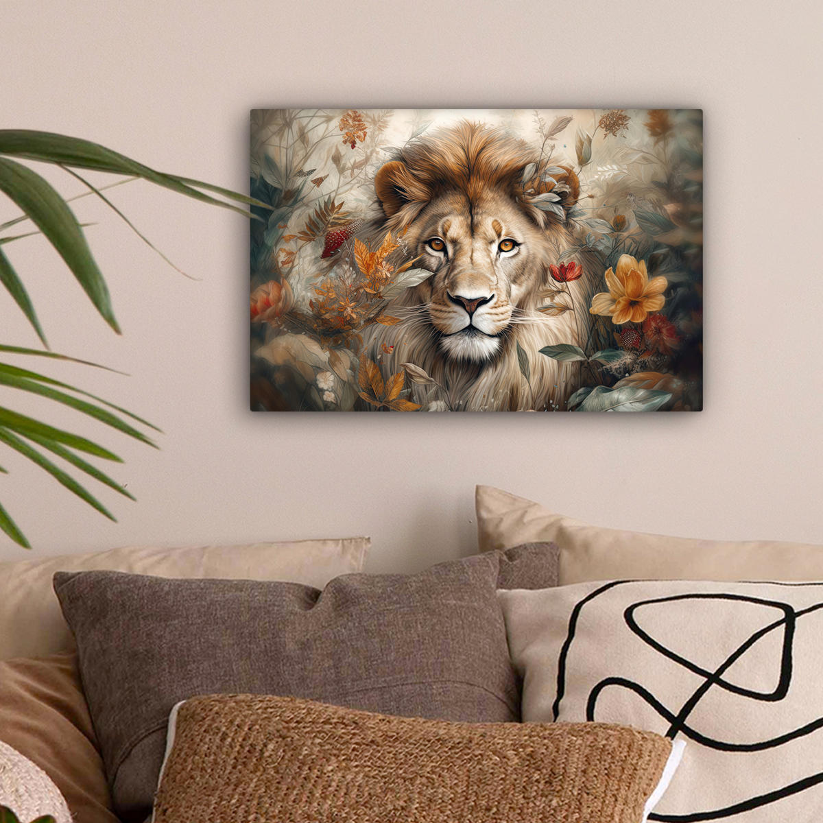 LEINWANDBILD Löwe - Wildtiere - Pflanzen - Natur - Blumen 30x20 cm - Beige, Textil (30/20cm) - MuchoWow