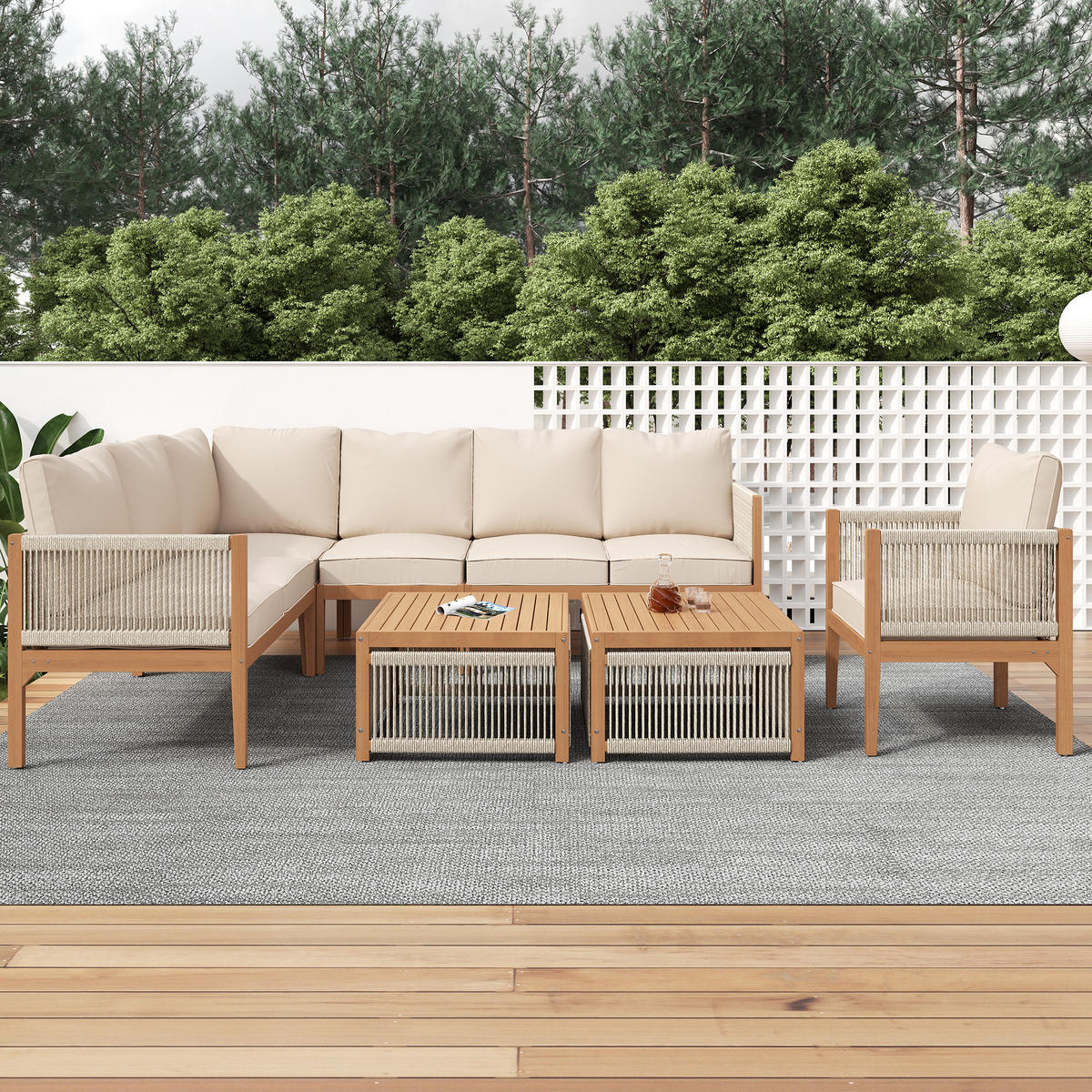 GARTENSET, 7-8 Personen, Abnehmbarer Bezug, Beige - Beige, Textil - FLIEKS