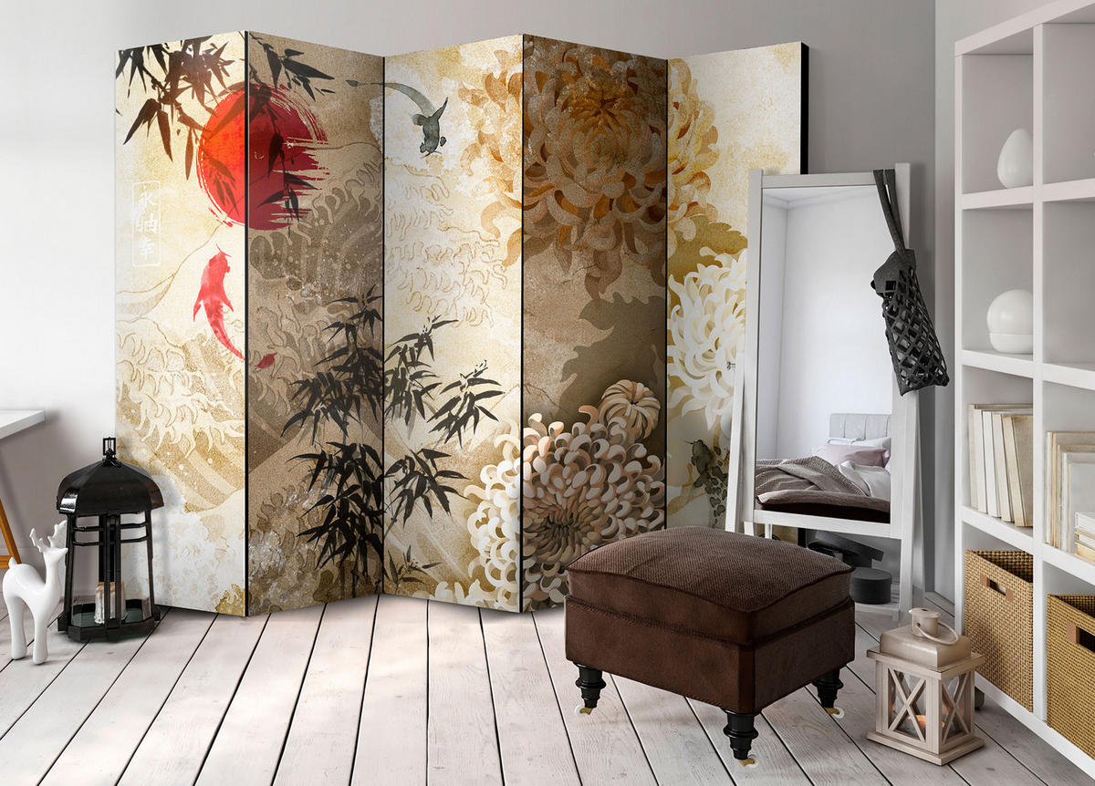 PARAVÁN Jednostranný 5-Dielny 225x172 cm Japonské koi kapry - hnedá, drevo/textil (225/172/3cm) - Muralo