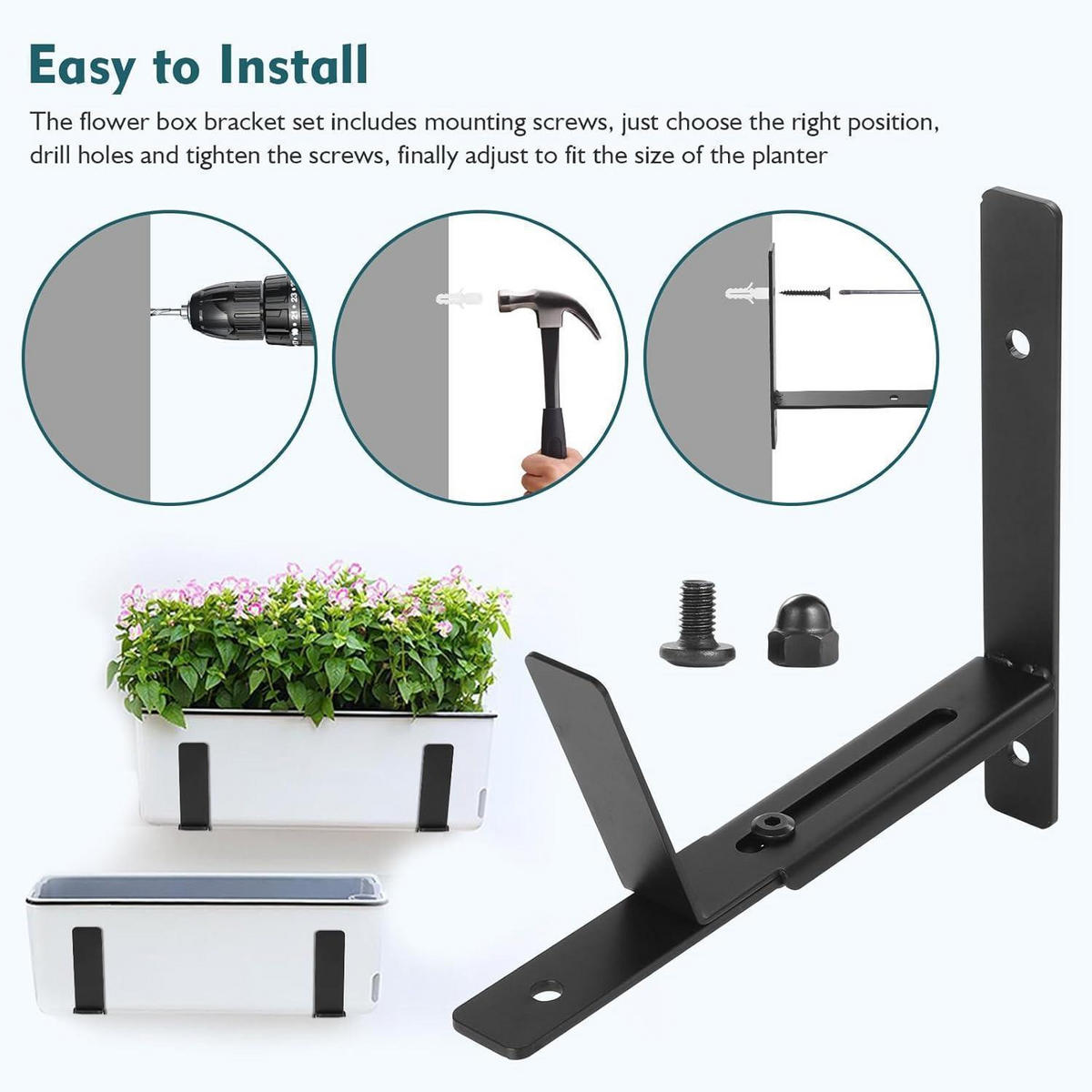 BLUMENKASTEN Halterung Set verstellbar 15-30 cm - Schwarz, Metall (2.5/20/22.3cm)