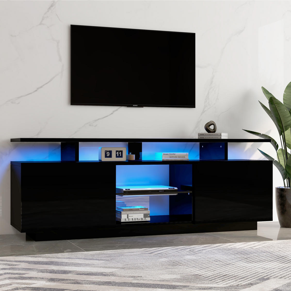 TV-RACK 140/35/55 cm Natürlich mit 16-Farben-LED-Beleuchtung - Schwarz, Holz (140/55/35cm) - Oxeza