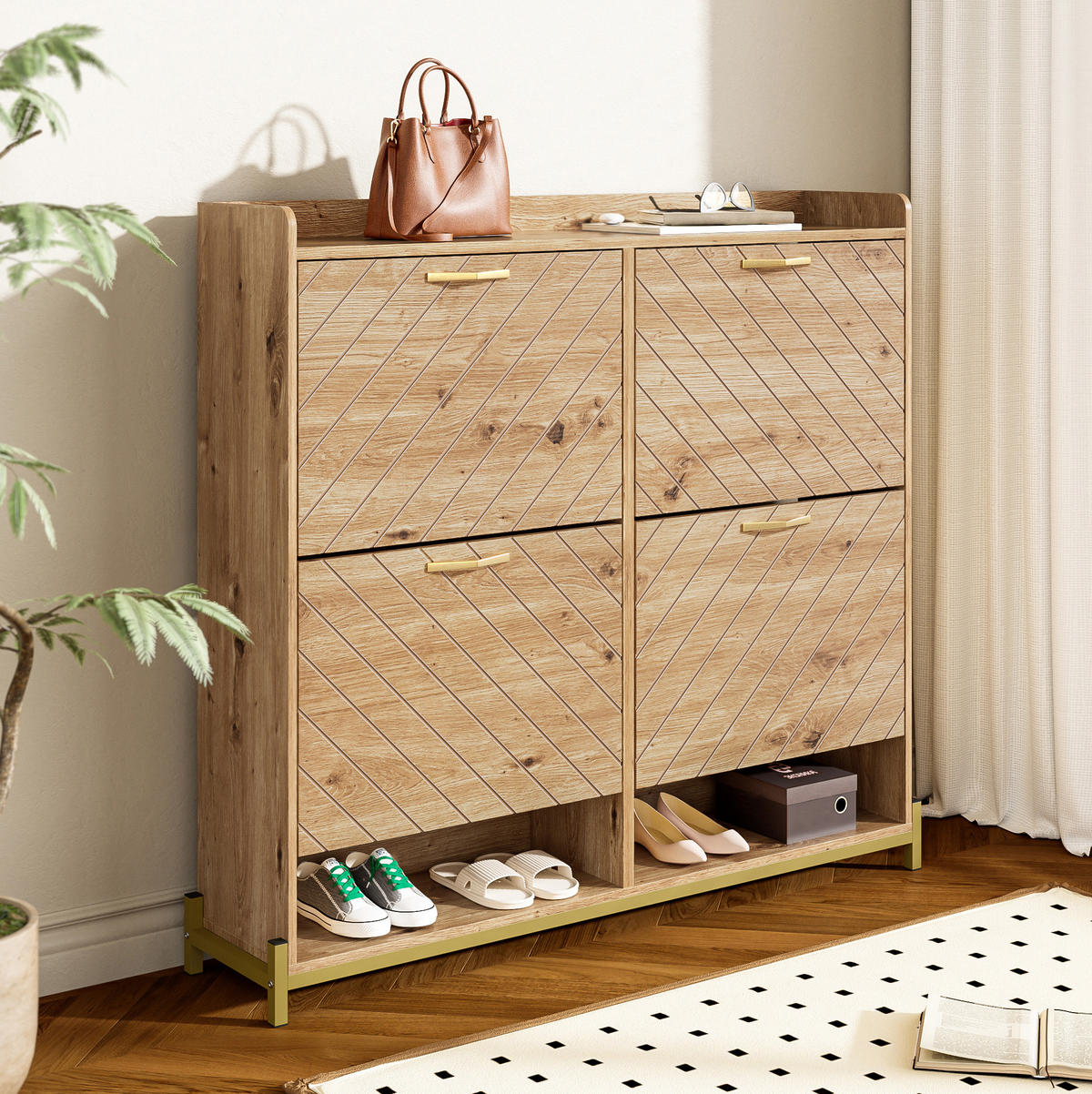 SCHUHSCHRANK mit 4 Klappen 108,5/24/100 cm in Holzoptik, platzsparend - Naturfarben, Holzwerkstoff (108.5/100/24cm) - BEAOK