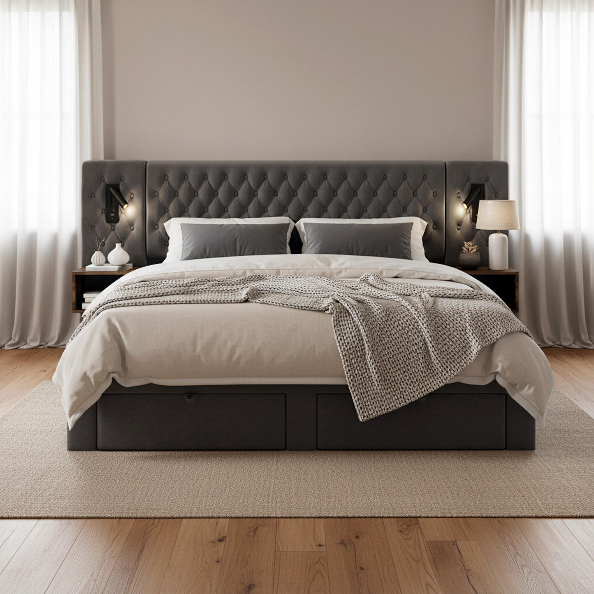 POLSTERBETT 180x200cm Samt Grau mit Stauraum, Leselicht & USB-Funktion - Grau, Textil (180/200cm) - Urban Meuble