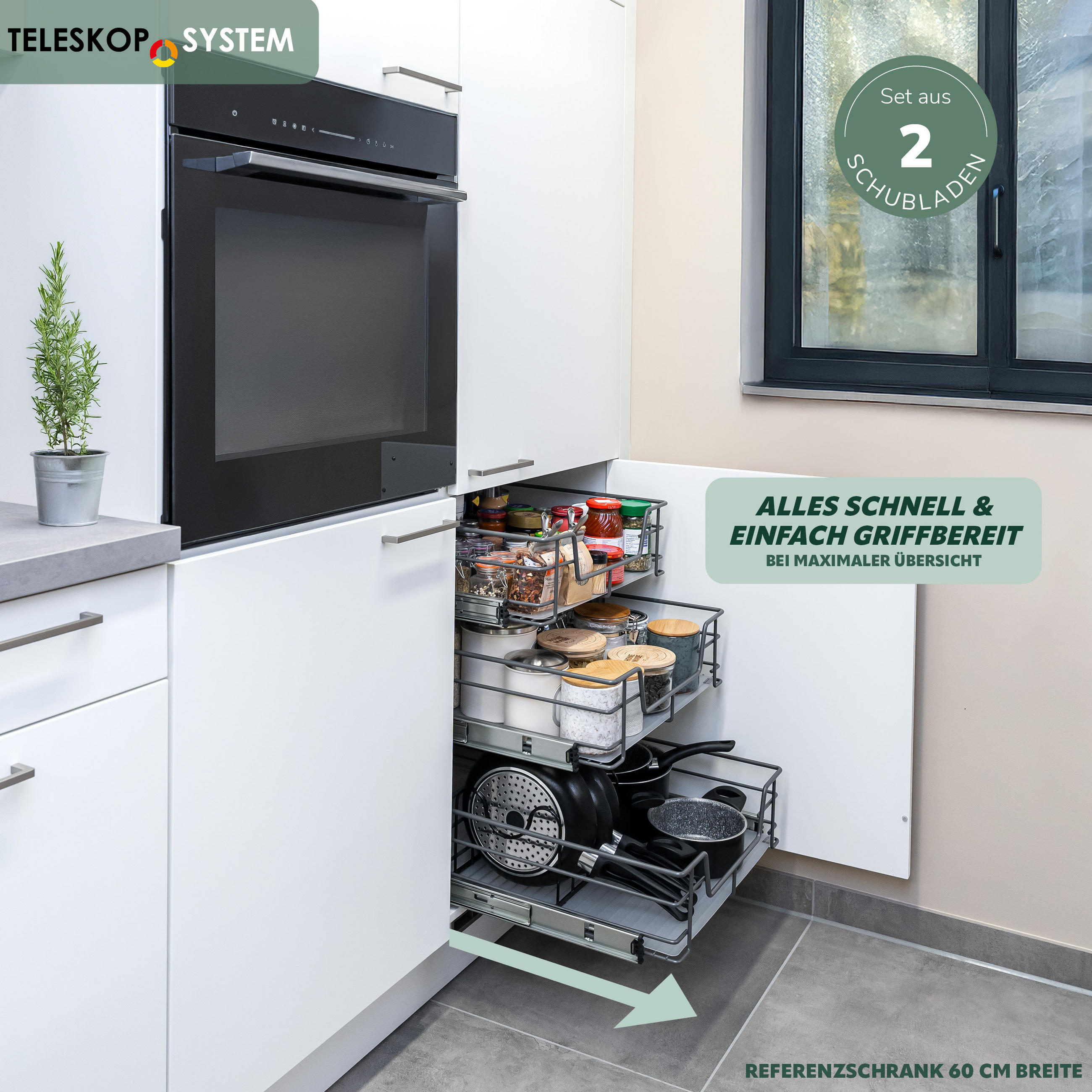 TELESKOPSCHUBLADEN (2er Set), für 50 cm Schrank, Metall, Grau - Chromfarben, Metall (47/14/44cm) - bremermann