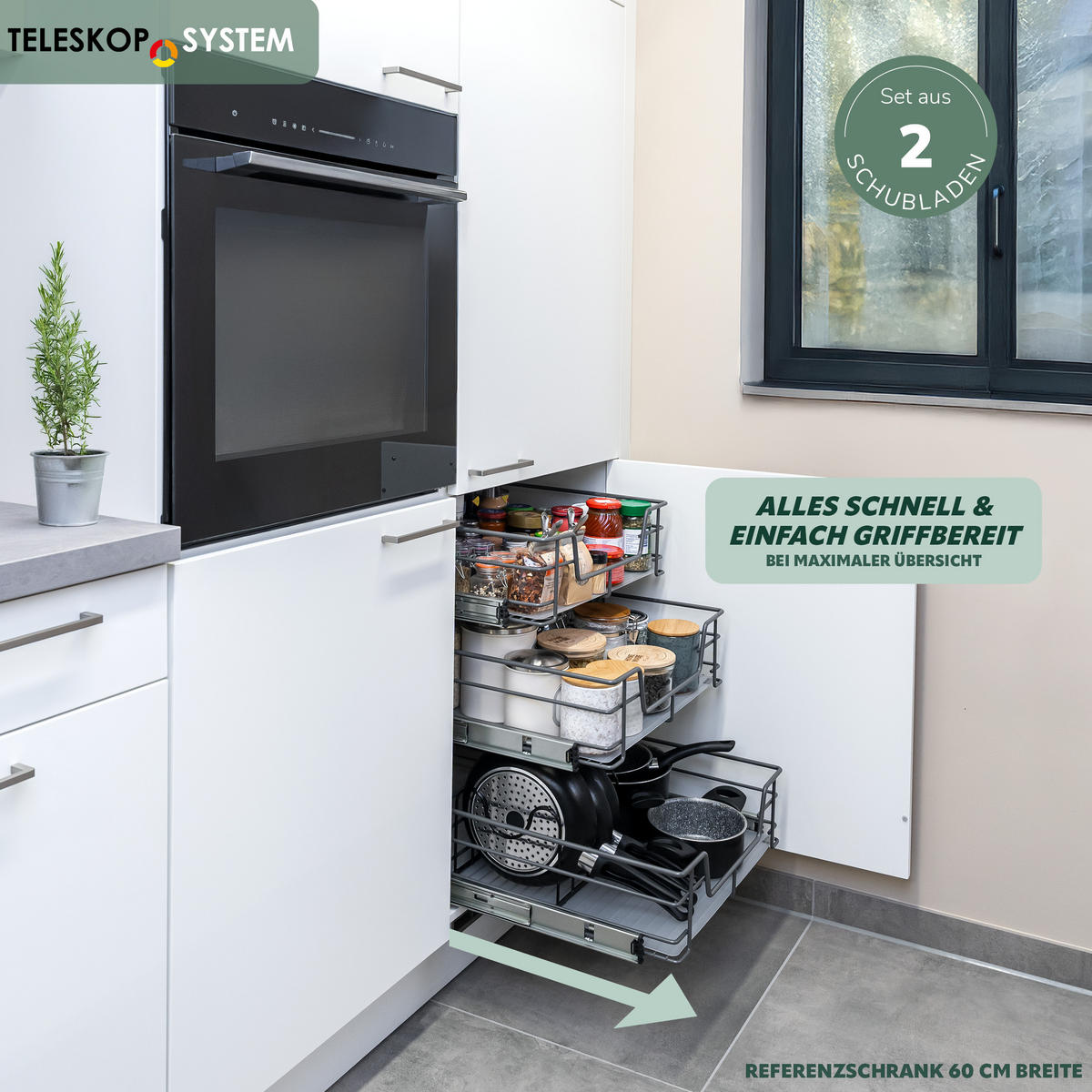 TELESKOPSCHUBLADEN (2er Set), für 45 cm Schrank, Metall, Grau - Chromfarben, Metall (42/14/44cm) - bremermann