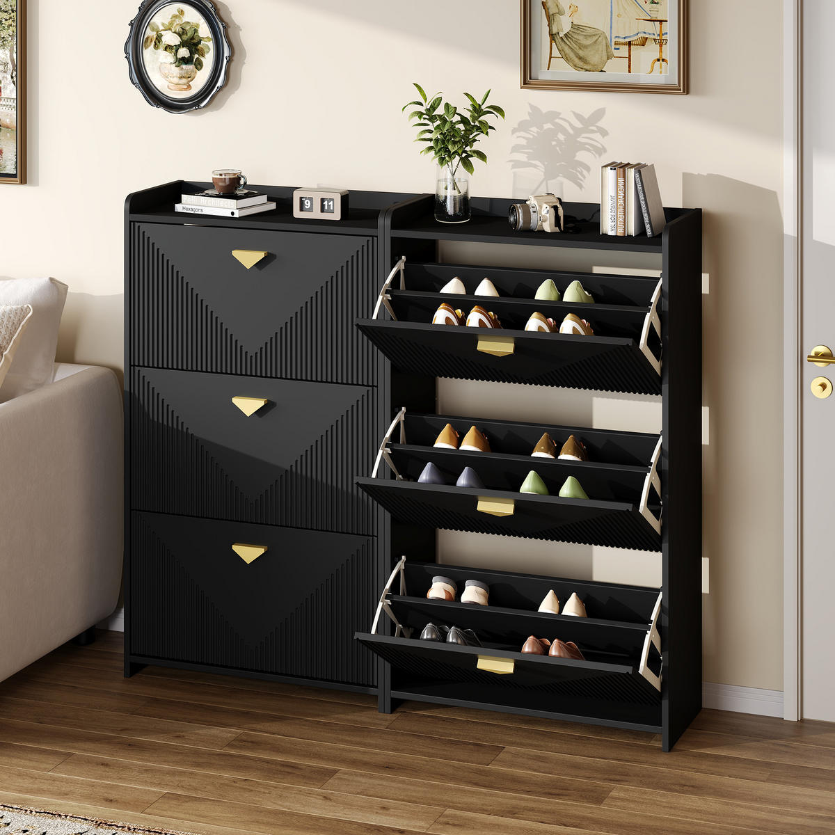 SCHUHSCHRANK aus MDF 140x30x120cm in Schwarz mit 3 Klapptüren - Schwarz, Holzwerkstoff (140/120/30cm) - Modfu