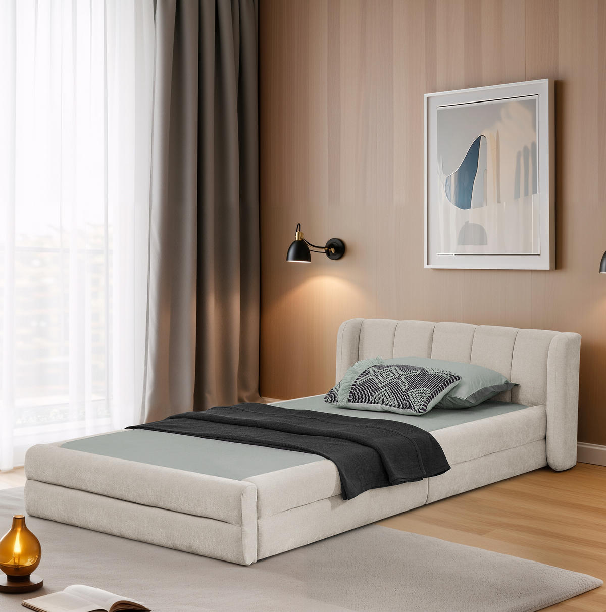KINDERBETT Einzelbett 90/200 cm aus Chenille mit ergonomischem Kopfteil Beige - Beige, Kunststoff (90/200cm) - Modenvie