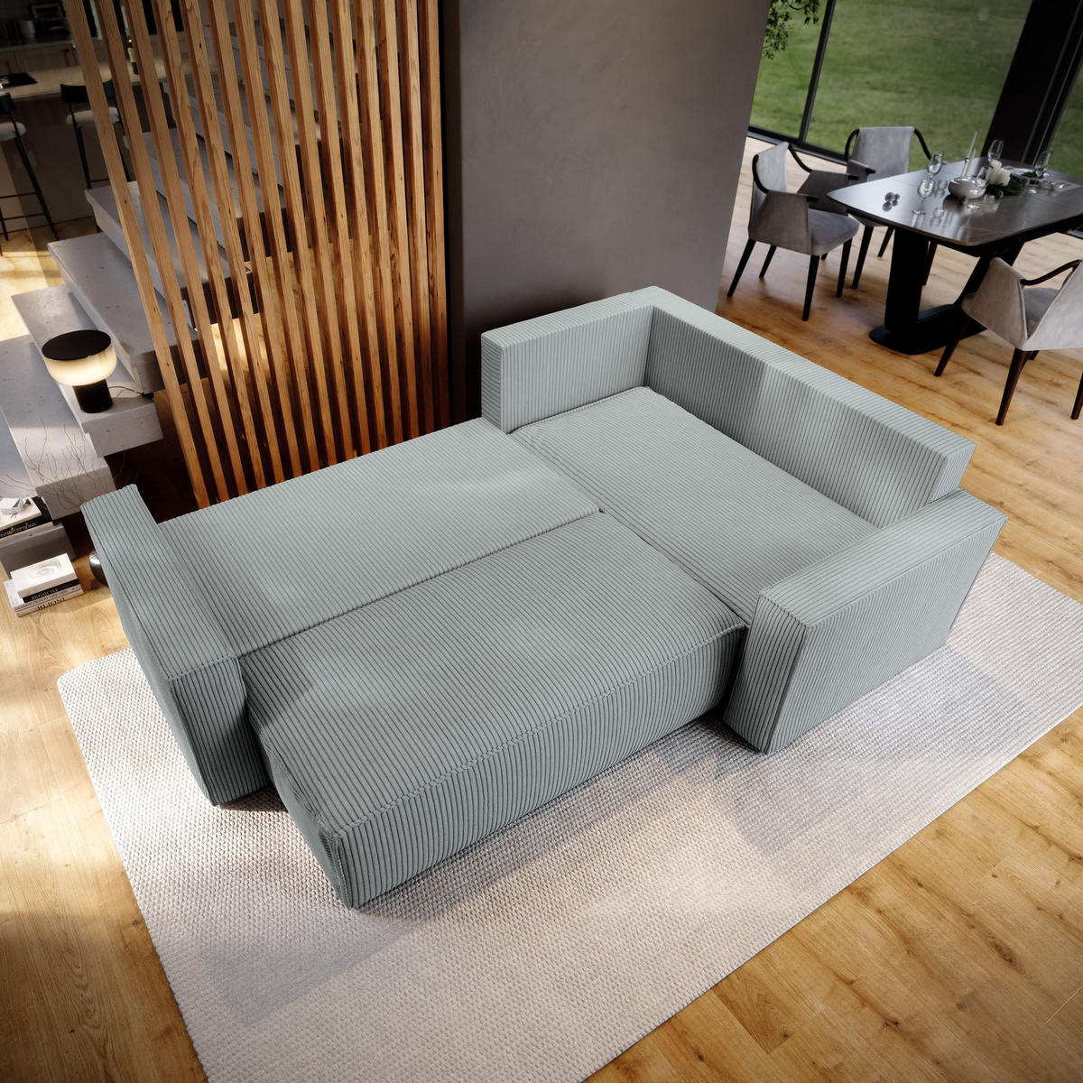 ECKSOFA ESTANO R-S Hellgrau Kordstoff mit Schlaffunktion - Hellgrau, Holz (230/158cm) - MASSENO