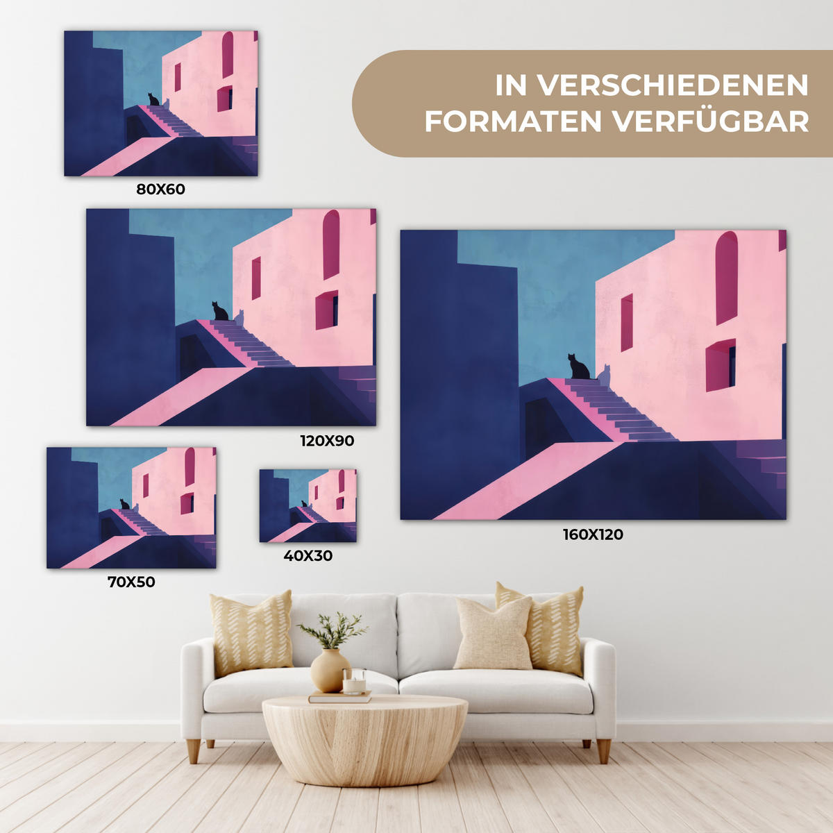 LEINWANDBILD Katze - Treppe - Gebäude - Schattenkontraste Wandbilder 80x60 cm - Dunkelblau, Textil (80/60cm) - MuchoWow