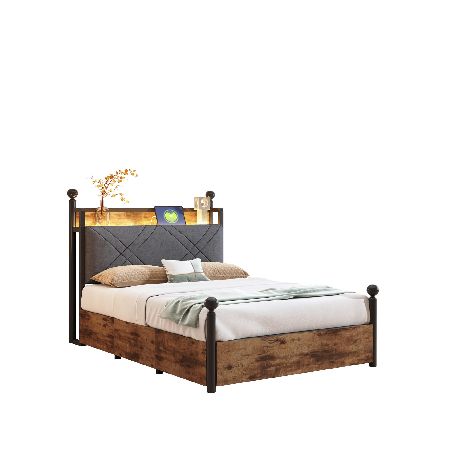 BETT Multifunktionales 90/190 cm mit Stauraum und schwenkbarem Baldachin - Schwarz, Metall (90/190cm) - OKWISH