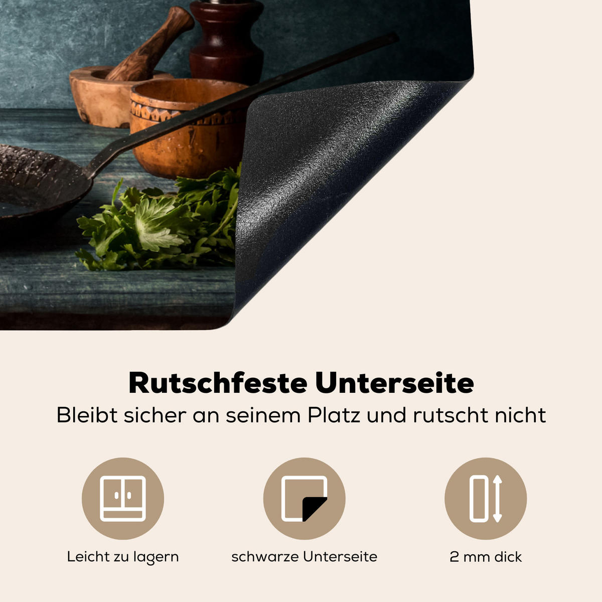 HERDABDECKPLATTE Kräuter - Gewürze - Pfanne - Messer - Grau - Rustikal Induktionsmatte 77x51 cm - Petrol, Kunststoff (77/51/0.2cm) - MuchoWow