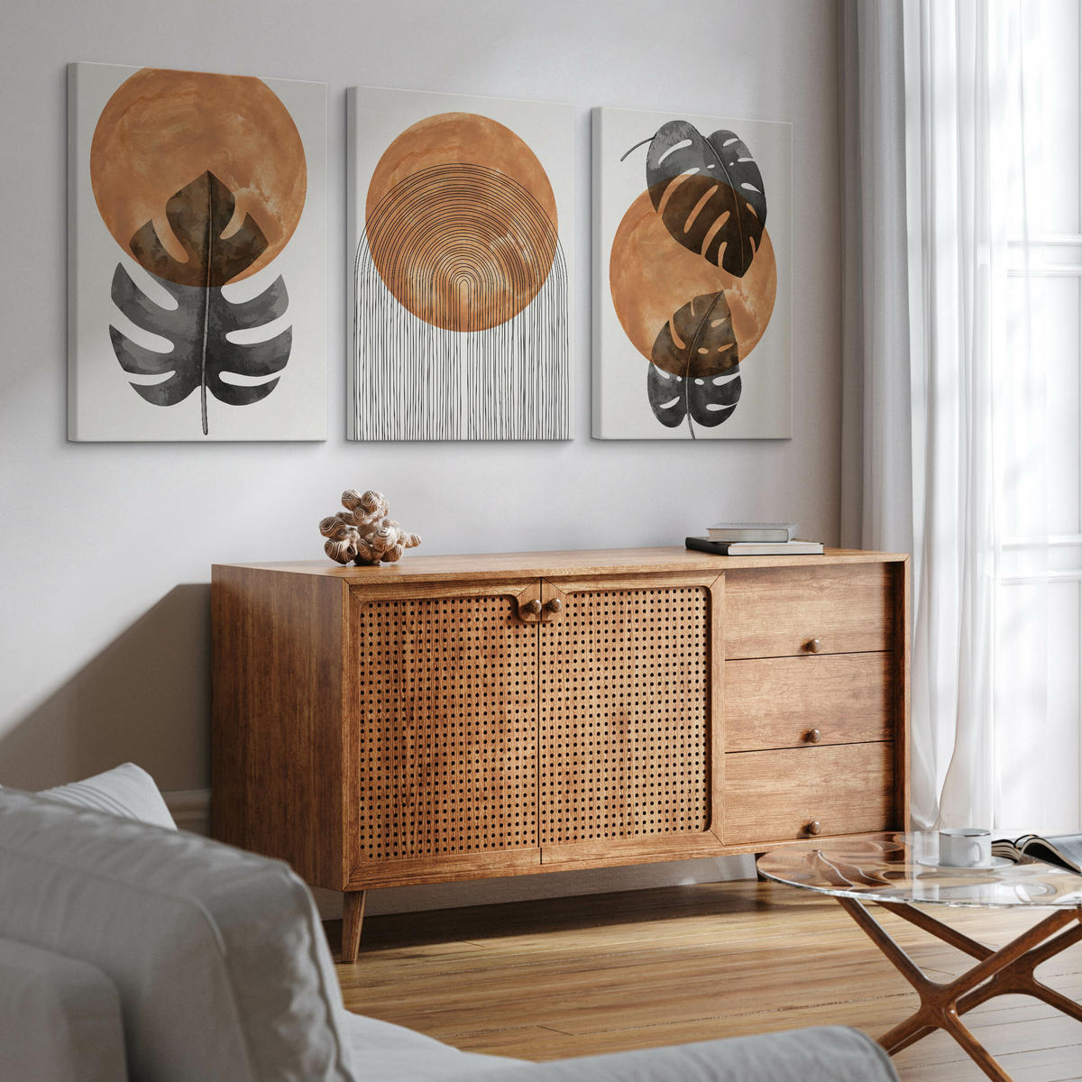 LEINWANDBILDER 3-es Set Blätter Kreise - Schwarz/Weiß, Textil (90/40cm) - Muralo