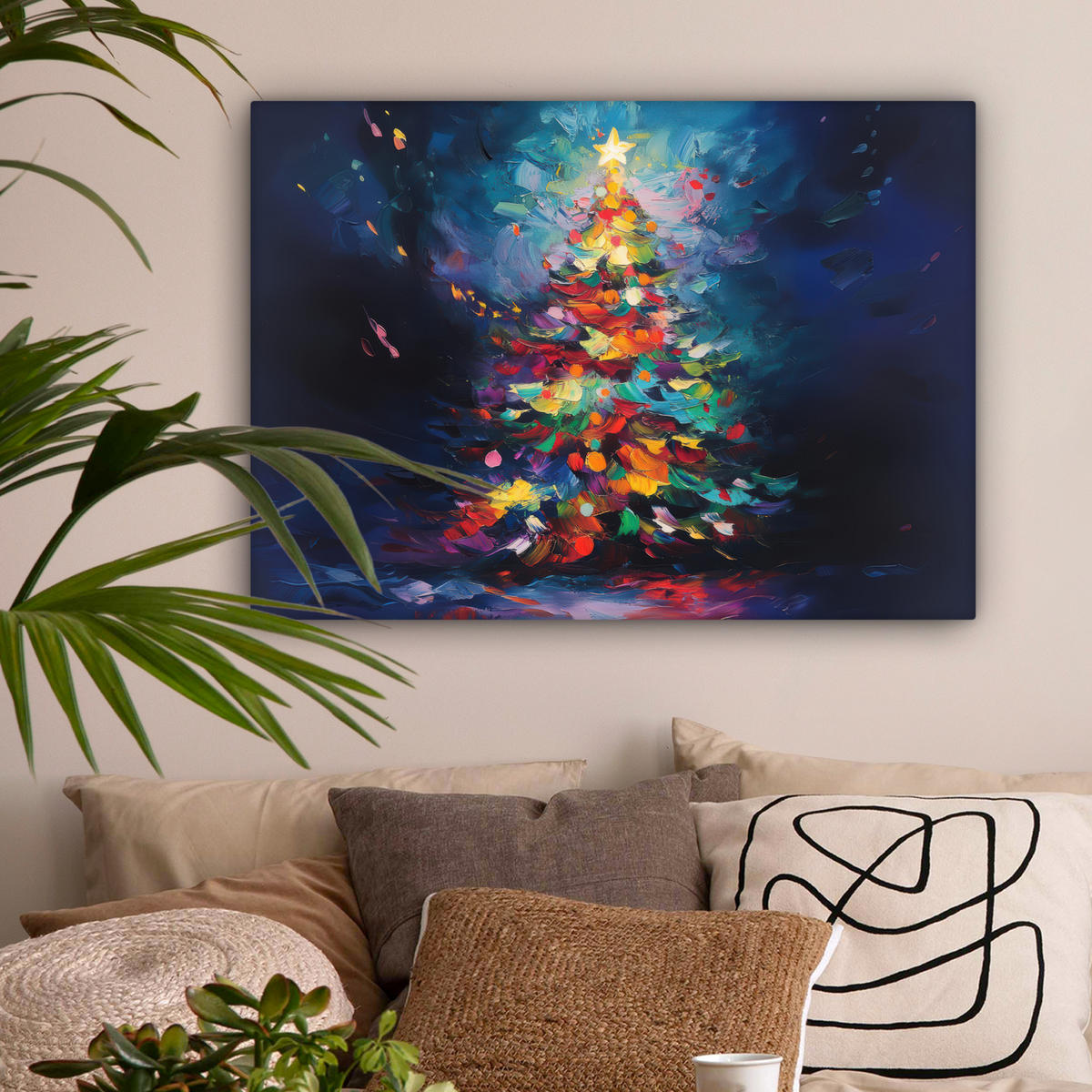 LEINWANDBILD Weihnachtsbaum - Weihnachten - Abstrakt - Farbenfroh Wandbilder 80x60 cm - Multicolor, Textil (80/60cm) - MuchoWow