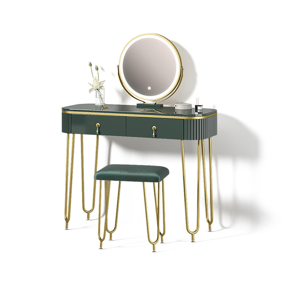 SCHMINKTISCH Isonca Dunkelgrün Hochglanz mit LED Beleuchtung und Hocker - Dunkelgrün, Holzwerkstoff (100/126/40cm) - Livinity®