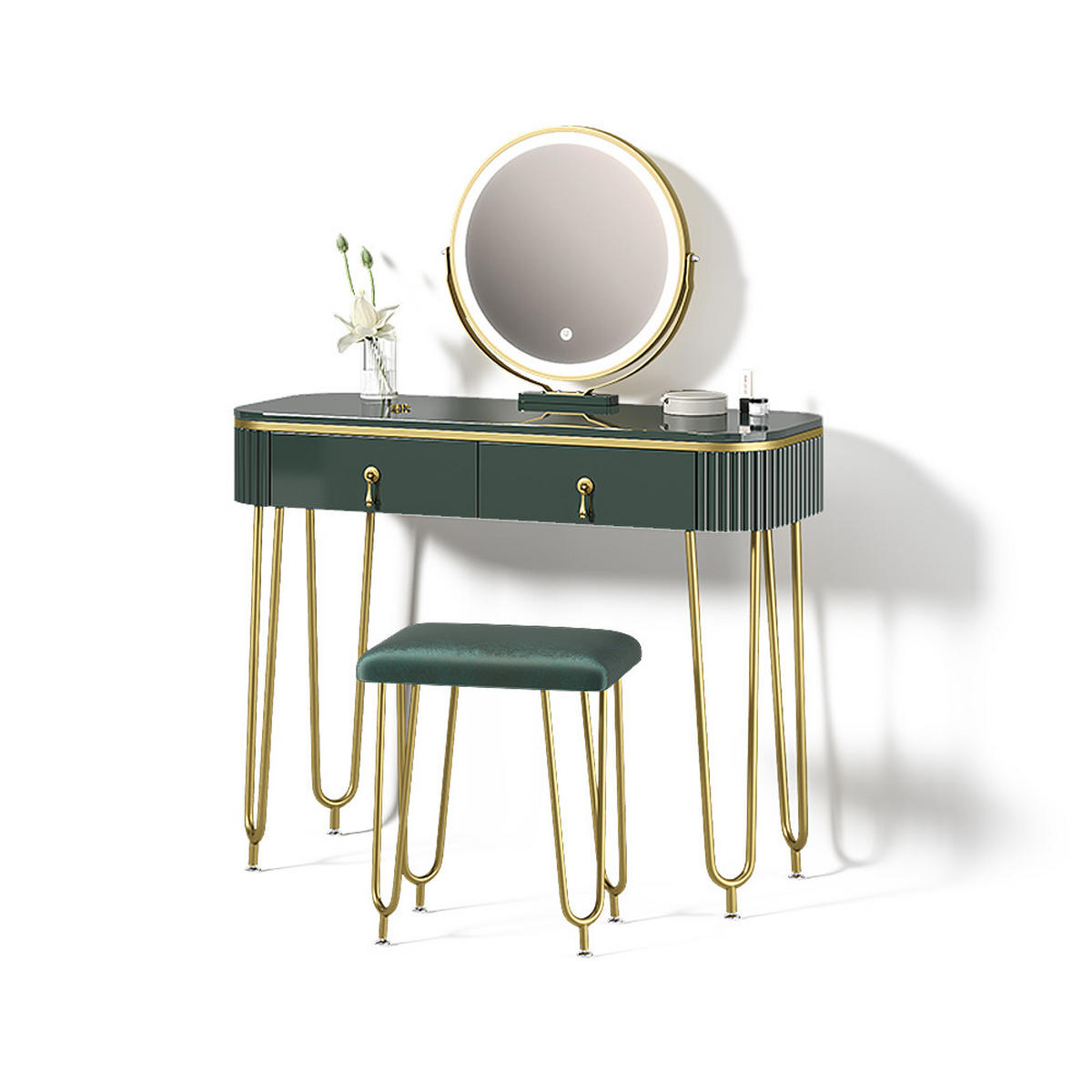 SCHMINKTISCH Isonca Dunkelgrün Hochglanz mit LED Beleuchtung und Hocker - Dunkelgrün, Holzwerkstoff (100/126/40cm) - Livinity®