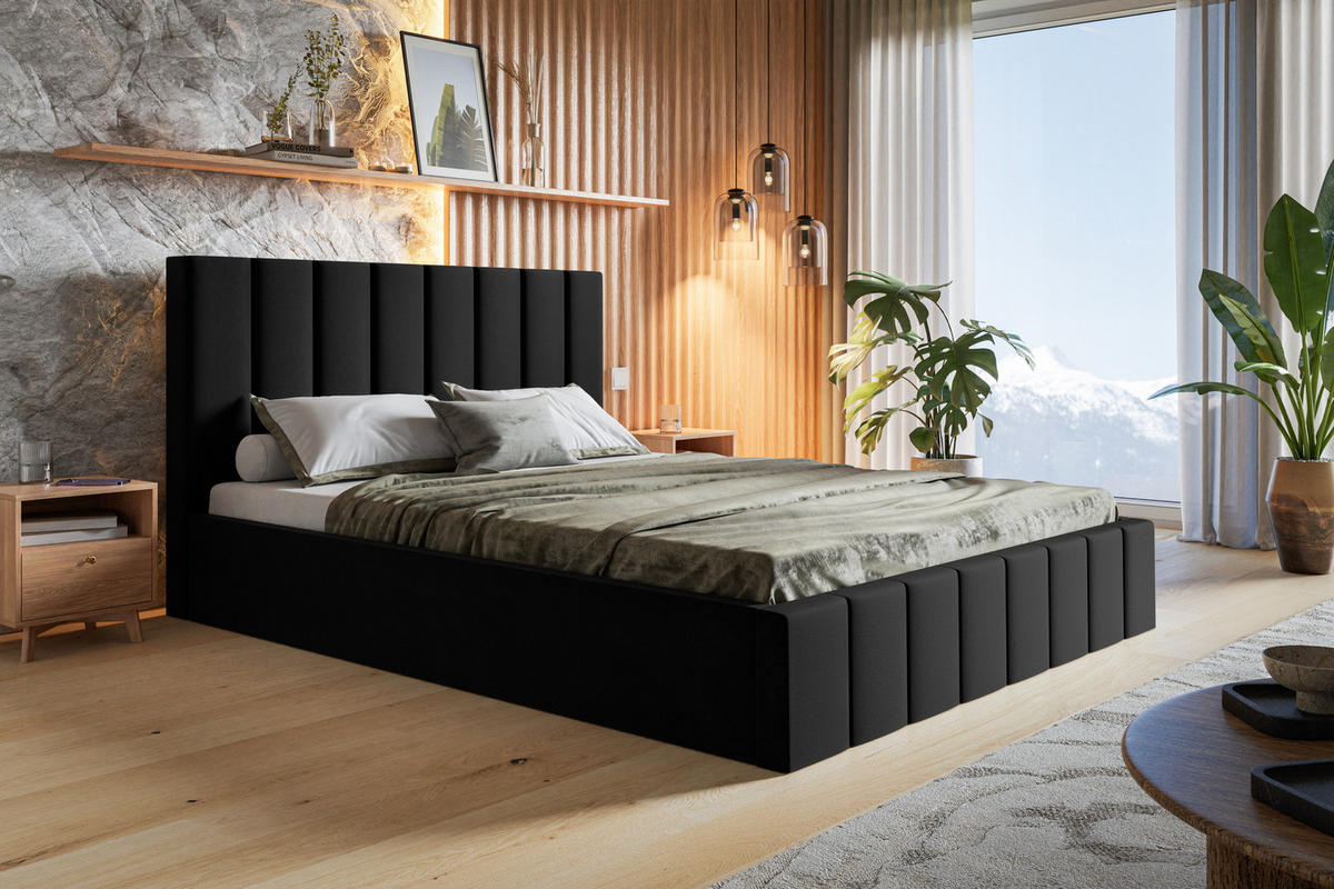 POLSTERBETT 160x200 Moris mit Kopfteil, Bettkasten Lattenrost, Schwarz - Schwarz, Holz/Textil (160/200cm) - Emporius