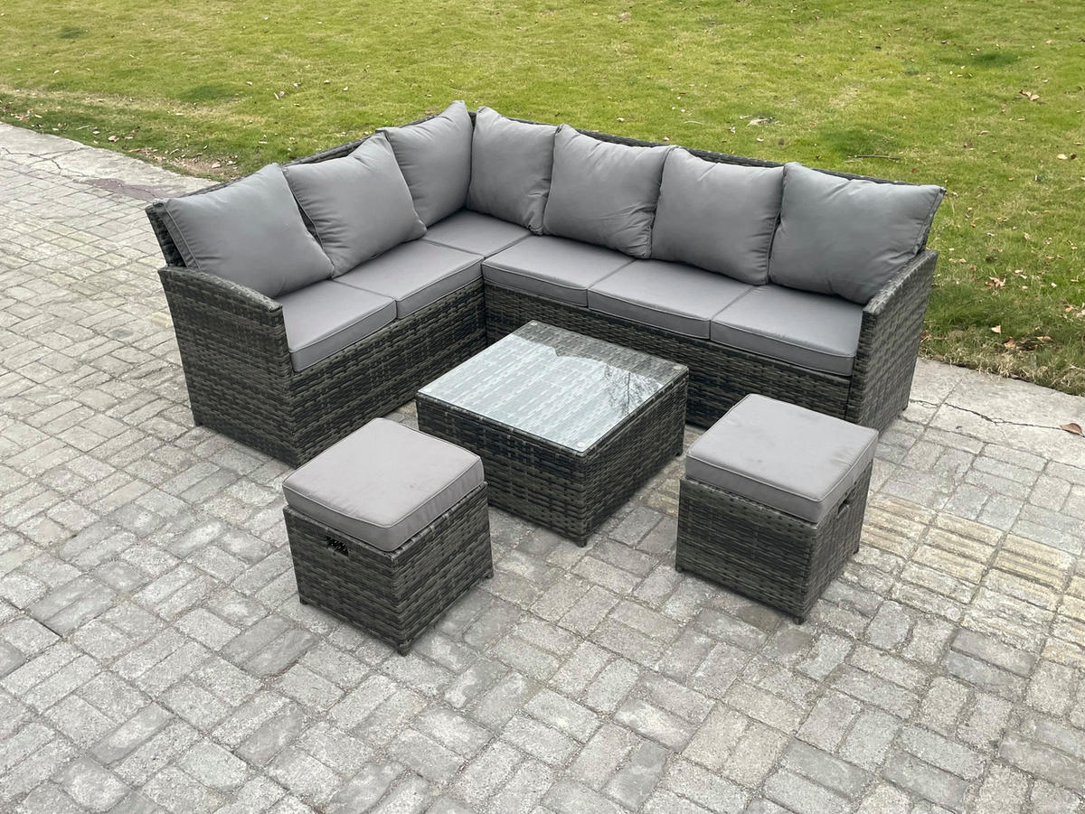 GARTENGARNITUR mit Ecksof,Couchtisch Polyrattan Dunkelgrau 8-Sitzer - Dunkelgrau/Grau, Glas/Kunststoff - Fimous