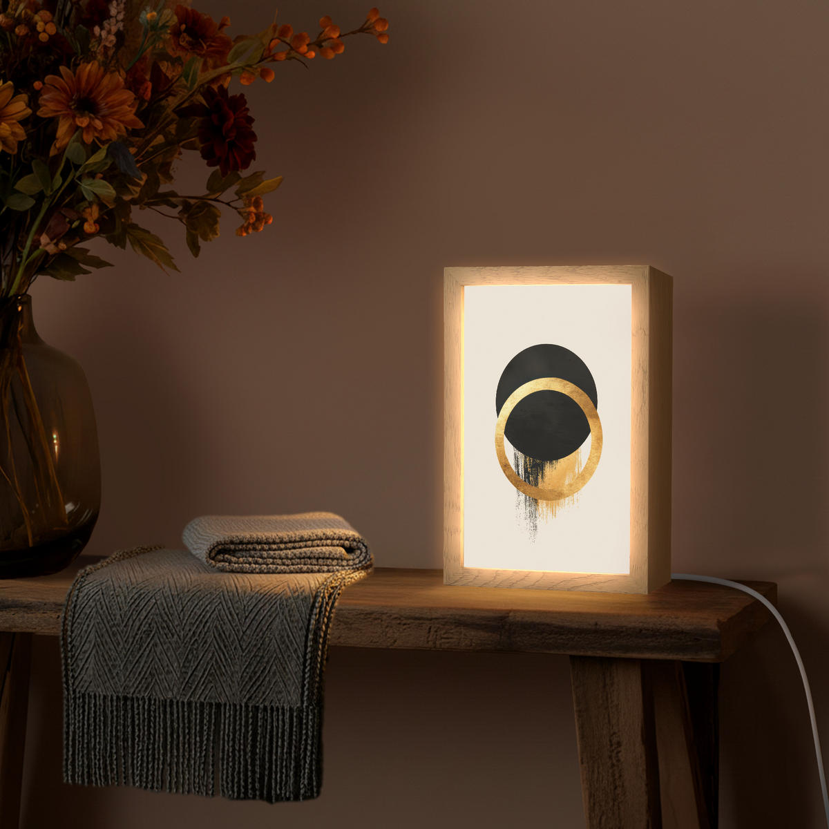 NÁSTĚNNÁ LAMPA Abstraktní design - Černý kruh - Skvrny od barvy 20x30 cm - krémová, kompozitní dřevo (20/30/8cm) - OnlyWow