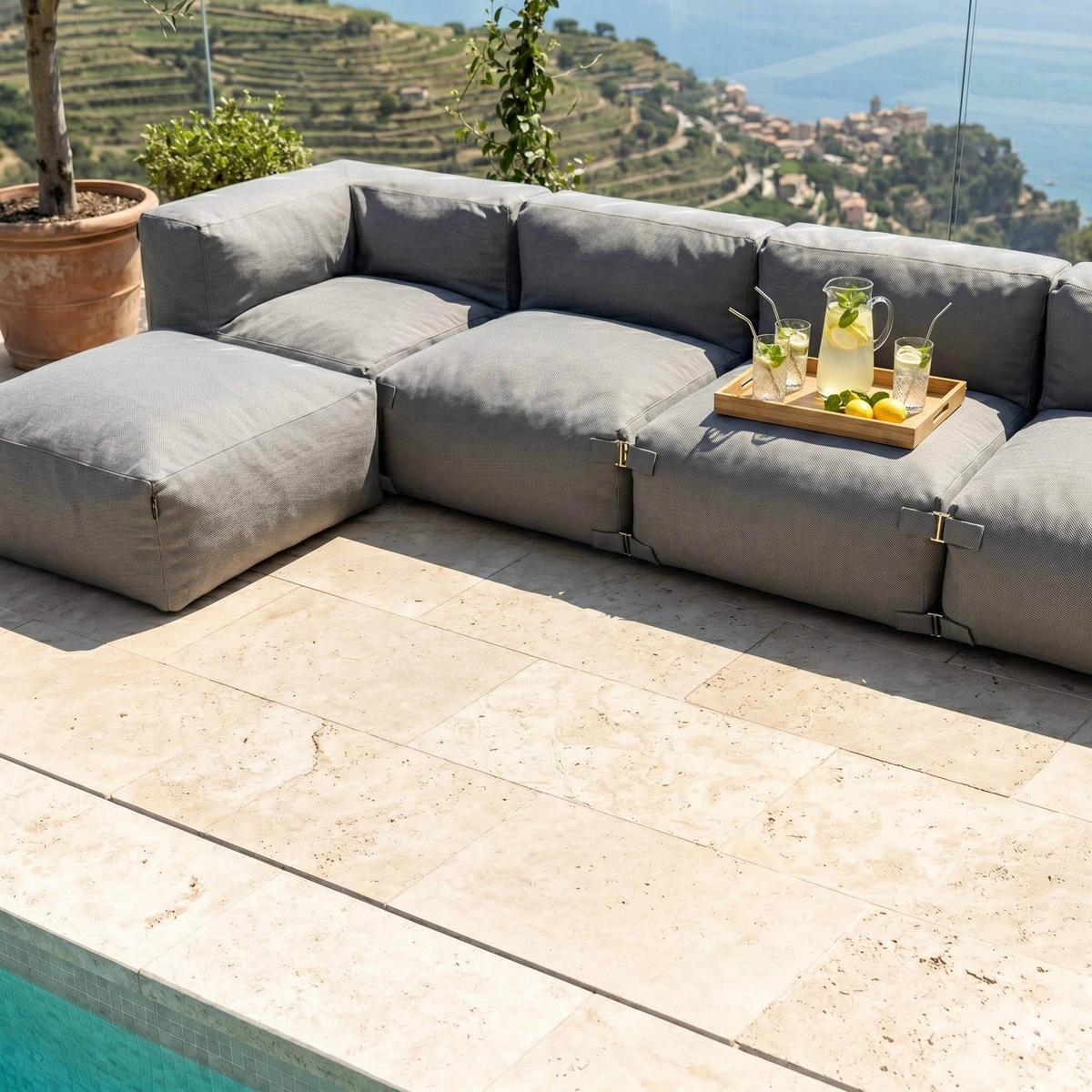 GARTENSOFA mit 6 Sitzplätzen, Grau - Grau, Textil - Oviala