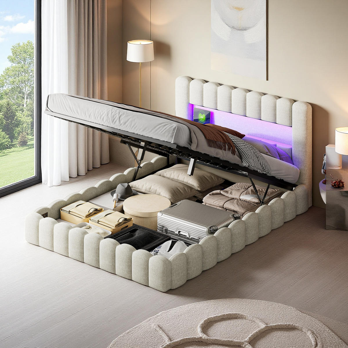 POLSTERBETT 140x200 cm Bubble Design LED USB Stauraum beige - Beige, Holz (140/200cm) - LEBENLANG