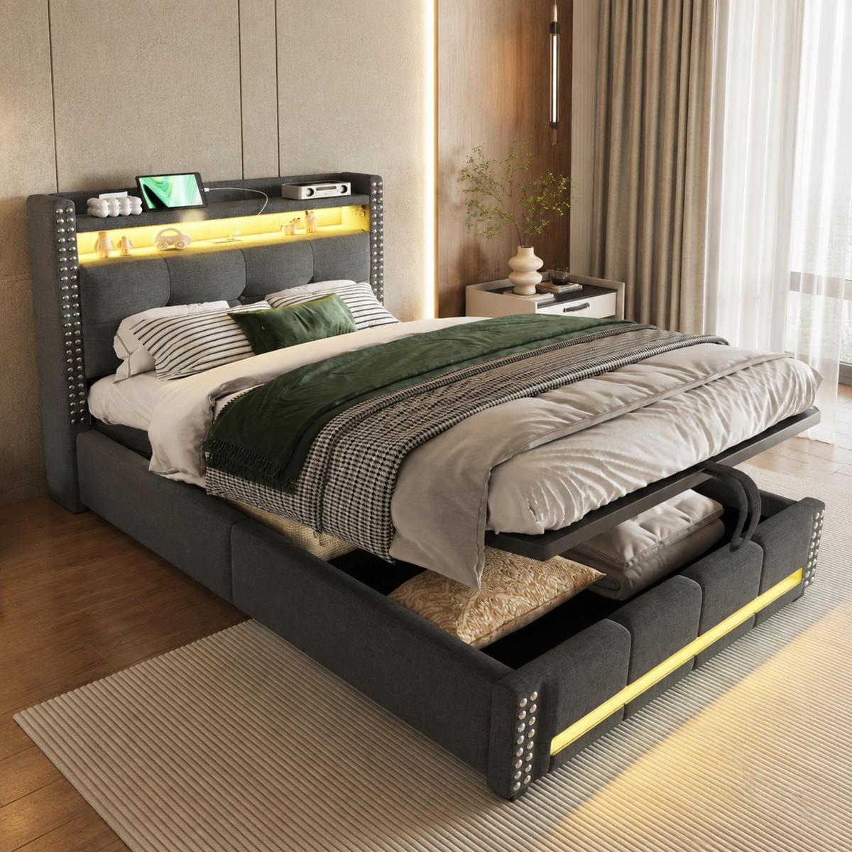 POLSTERBETT 90/200 mit LED, USB, Bettkasten, Einlegeböden und Lattenrost in Grau - Grau, Holzwerkstoff/Textil (90/200cm) - EVRYAE