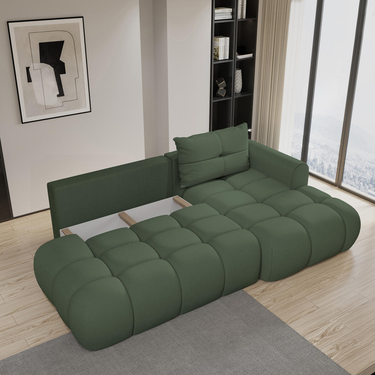 ECKSOFA FLUMA R-S Grün Geflochtener Stoff mit Schlaffunktion - Grün, Holz (274/165cm) - MASSENO