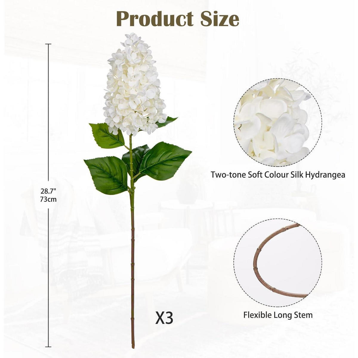 KUNSTBLUMEN 3er Set Hortensie 73CM - Weiß, Textil (73cm)