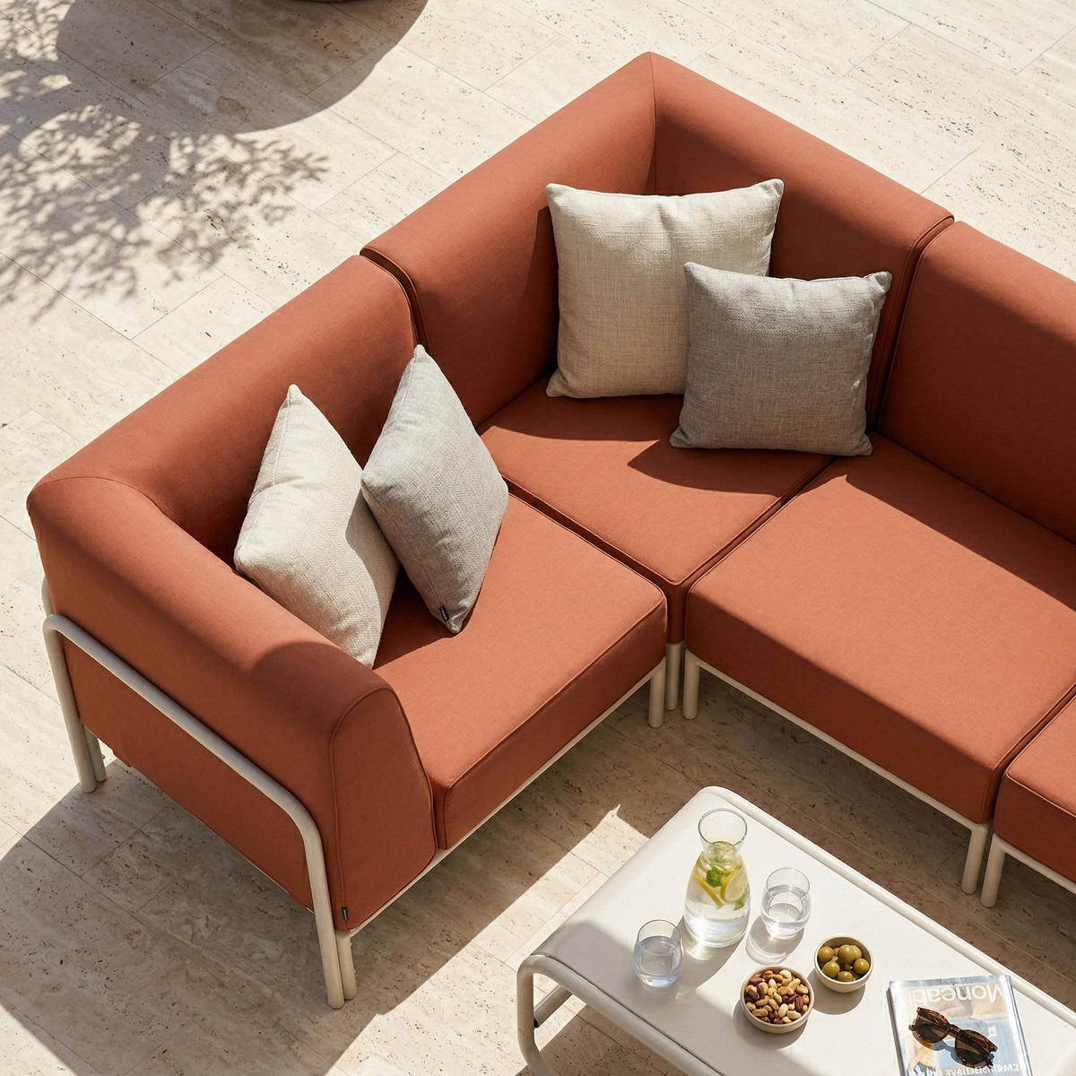 GARTENSOFA mit 4 Sitzplätzen, Terrakotta - Rot, Textil (80/78/216cm) - Oviala