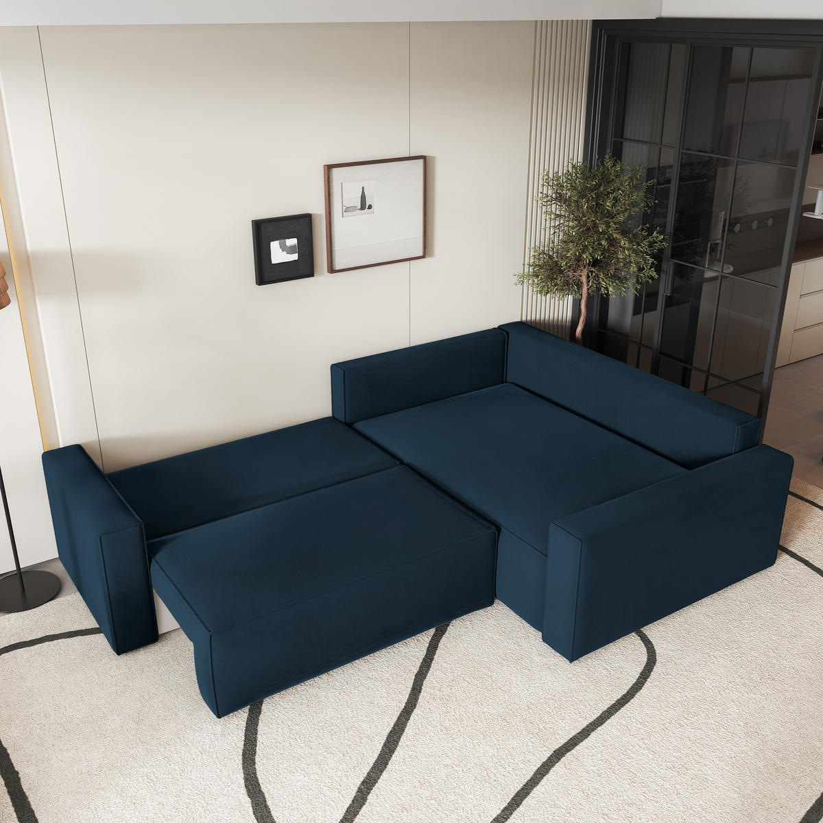 ECKSOFA ERONIS R-S Blau Velours-Stoff mit Schlaffunktion - Blau, Holz (265/194cm) - MASSENO