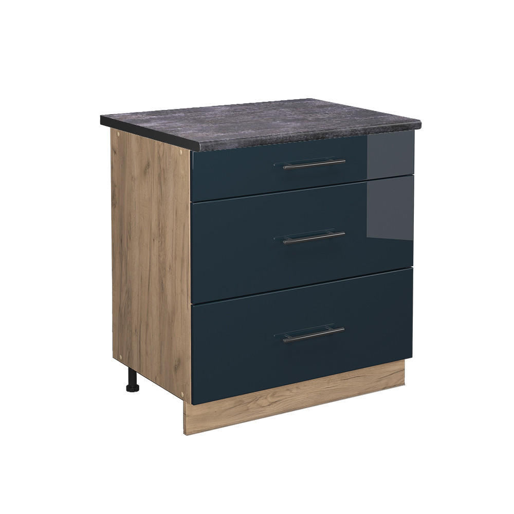 KÜCHENUNTERSCHRANK Fame-Line Dunkelblau Hochglanz 80 cm mit 3 Schubladen AP Anthrazit - Eiche Wotan/Dunkelblau, Holzwerkstoff (80/82/60cm) - Vicco