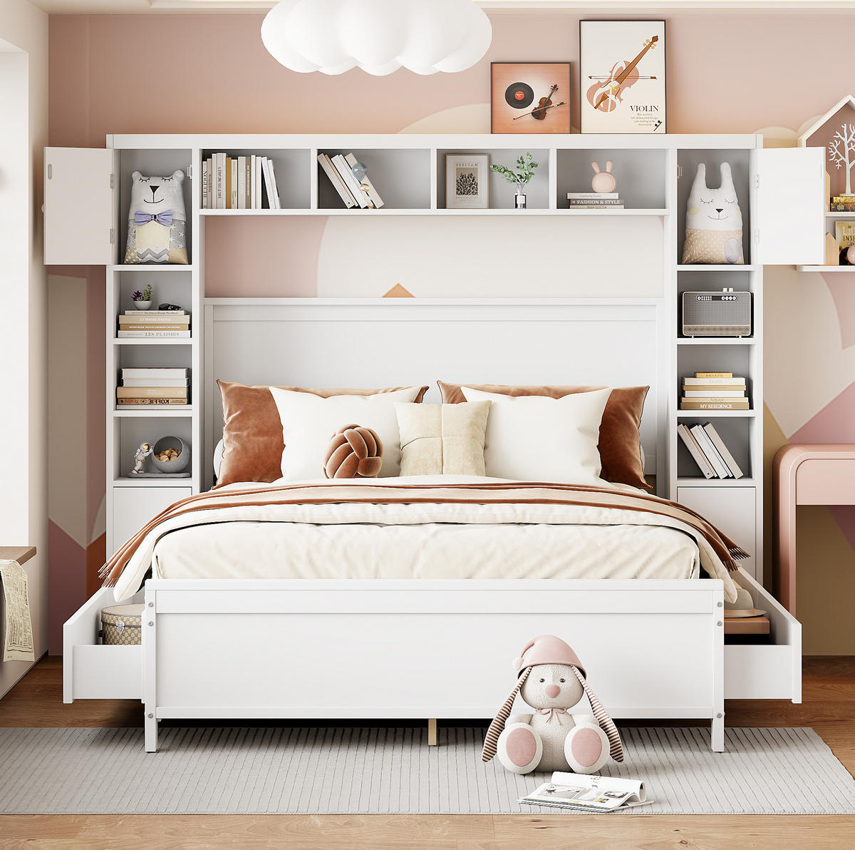 STAURAUMBETT 140x200 cm Weiß mit 4 Schubladen, Stauschrank und Lattenrost - Weiß, Holzwerkstoff (140/200cm) - Modfu