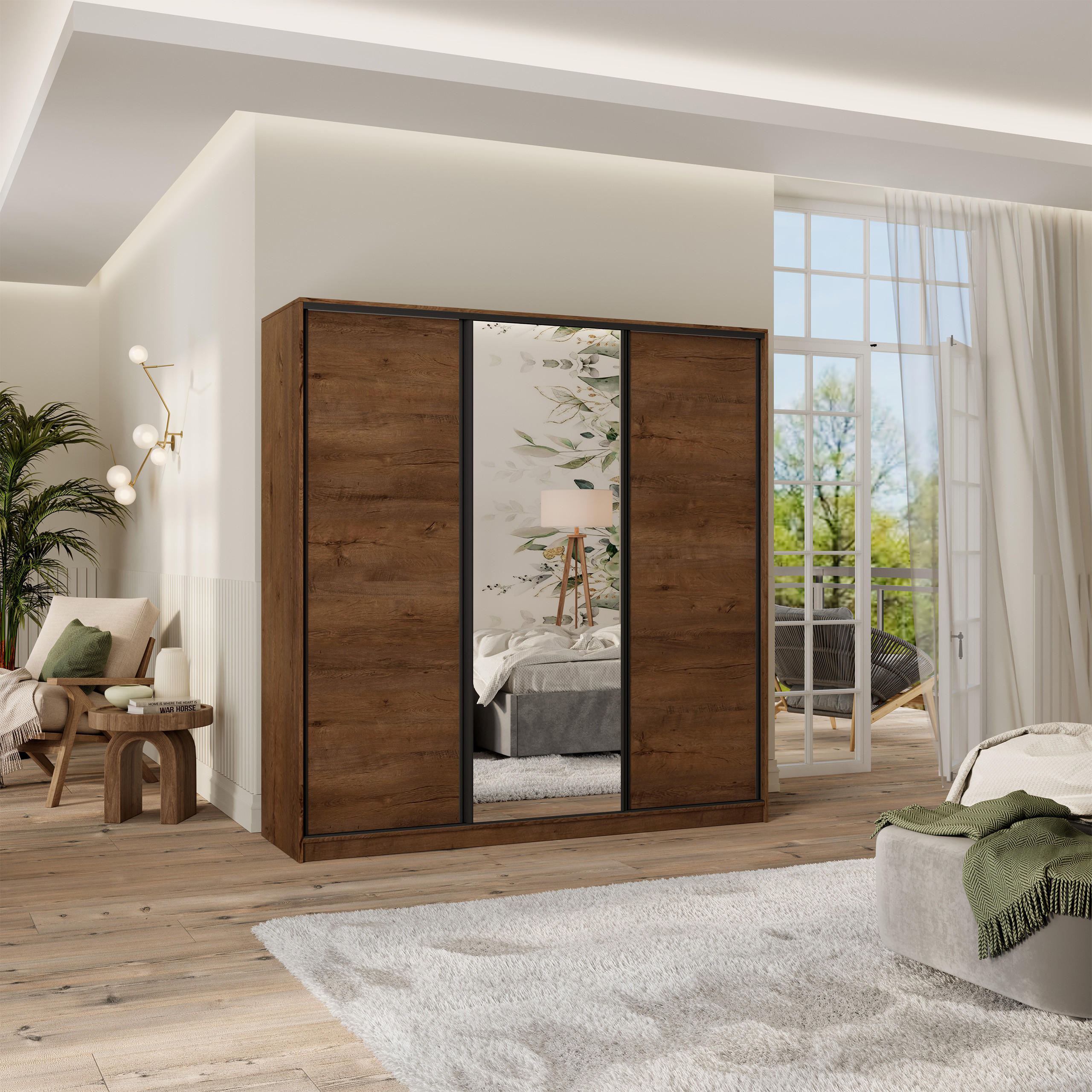 SCHWEBETÜRENSCHRANK TARI 180/205/58 cm 3-türig mit Spiegel und Schubladen Eiche Lefkas - Eichefarben/Schwarz, Holzwerkstoff (180/205/58cm) - MASSENO