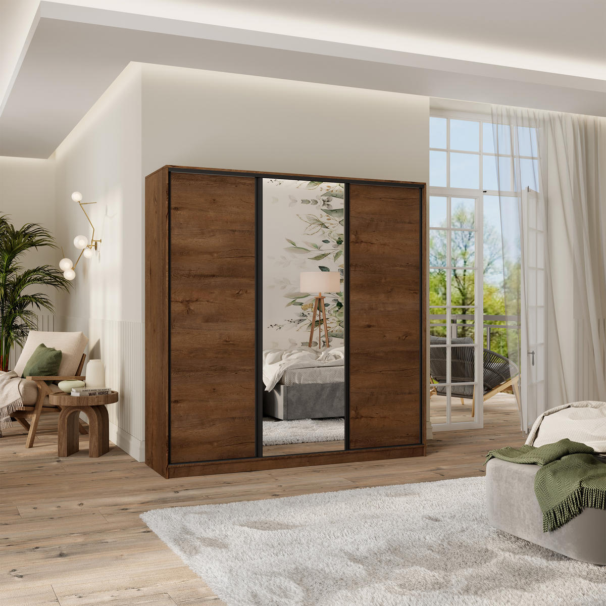 SCHWEBETÜRENSCHRANK TARI 200/205/58 cm 3-türig mit Spiegel und 4 Schubladen Eichefarben - Eichefarben, Holzwerkstoff (200/205/58cm) - MASSENO