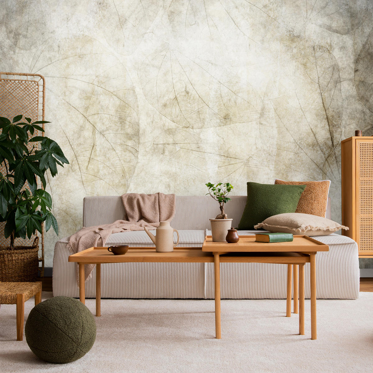 FOTOTAPETE für Badezimmer Blätter Beton Abstraktion Retro 450x315 - Beige/Grau, Papier (450/315cm) - Muralo