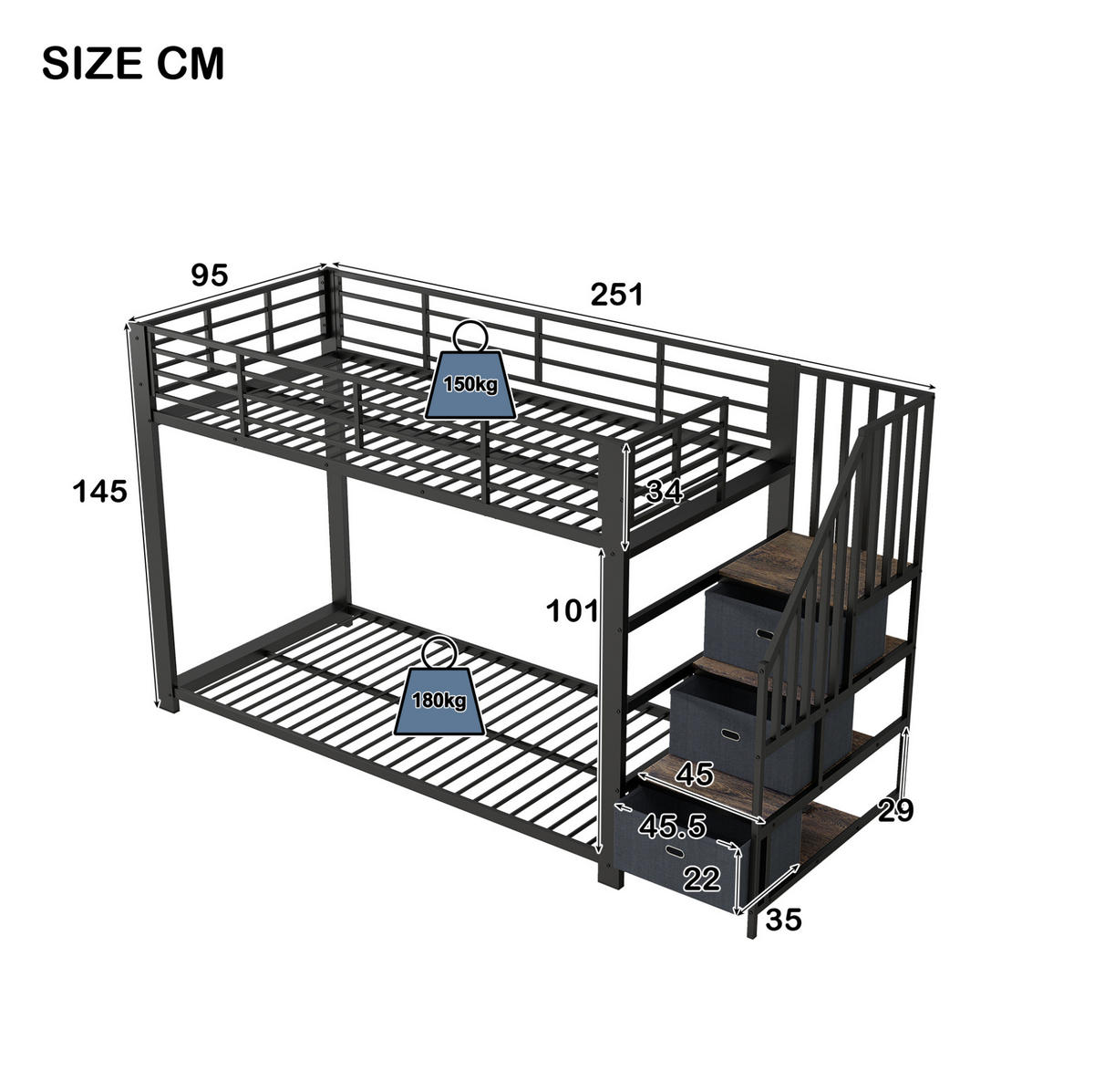 ETAGENBETT aus MDF und Metall 90x200 cm Schwarz mit Stauraumtreppe, LED-Lichtband und USB-Anschlüssen - Schwarz, Holzwerkstoff (90/200cm) - Modfu