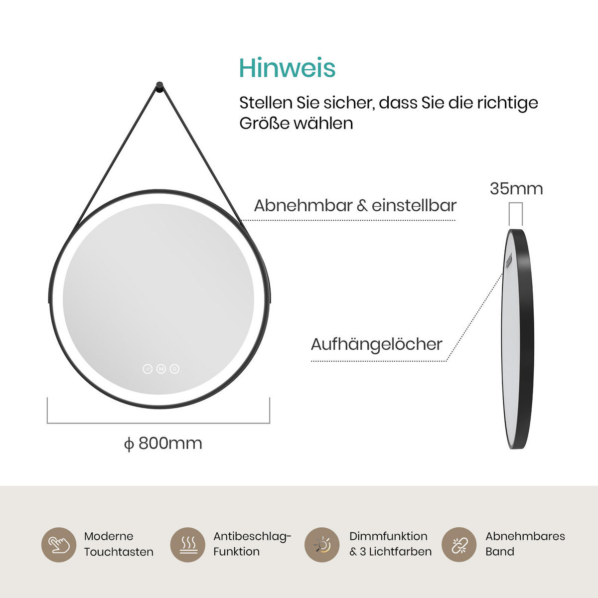 BADSPIEGEL mit Touch-Schalter Beleuchtung mit Hängeriemen Schwarz ф80 cm - Schwarz, Glas (80/3.5/80cm) - EMKE