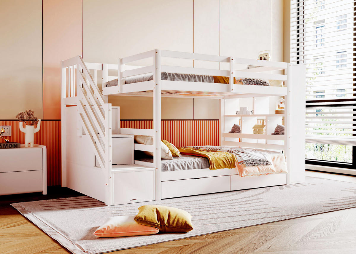 ETAGENBETT 90x200 cm Treppe Schubladen weiß - Weiß, Holz (90/200cm) - LEBENLANG