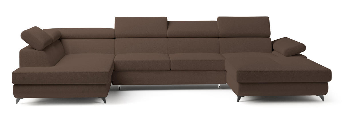 WOHNLANDSCHAFT RUBANO L-S Braun Boucle-Stoff mit Schlaffunktion - Braun, Holz (339/89/190cm) - MASSENO