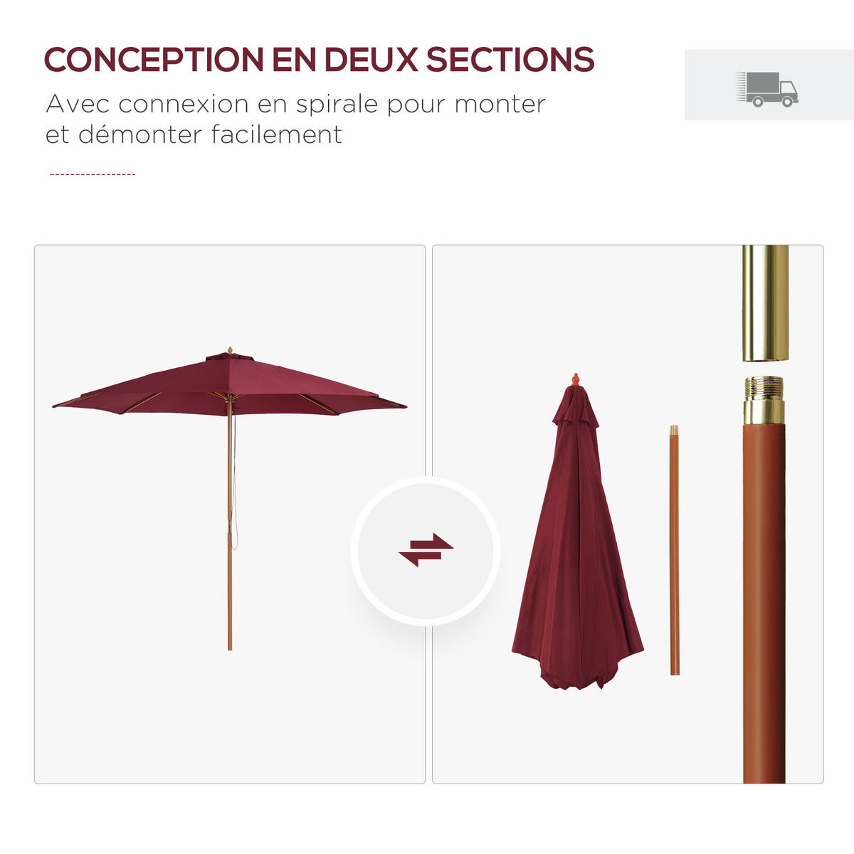 SONNENSCHIRM DE-11353 doppeltes Dach, Holz, 3 m Rot - Rot, Holzwerkstoff (300/300cm) - ComfortXL