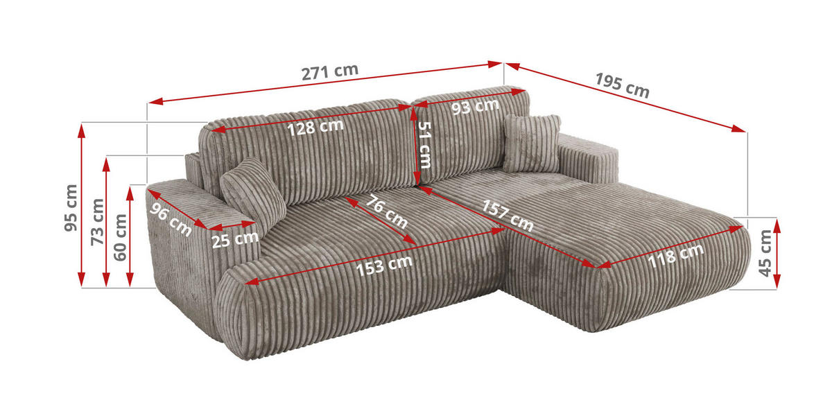 ECKSOFA OVO L Hellbraun Cord - Rechts Seite - Hellbraun/Schwarz, Kunststoff/Textil (195/271cm) - MKS