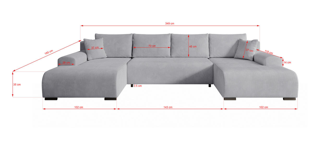 WOHNLANDSCHAFT Nelly U mit Bettkasten und Schlaffunktion, Cordstoff in U-Form - Grau, Textil (349/80/185cm)