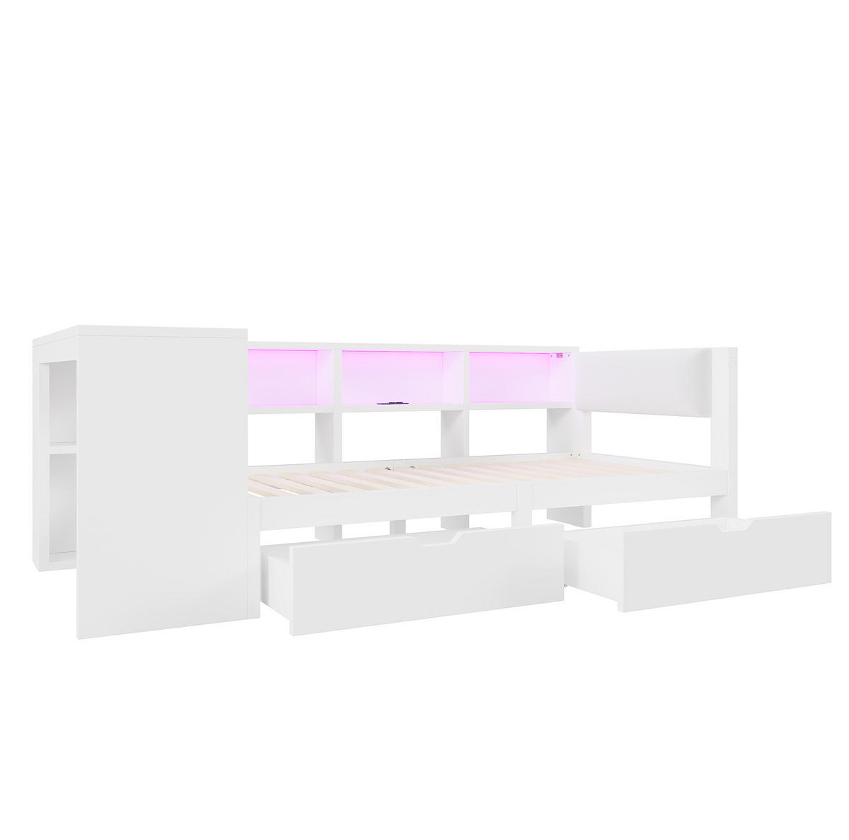 BETT aus MDF und Sperrholz 90x200 cm Weiß mit USB, Steckdosen, LED-Beleuchtung, Schubladen und gepolstertem Kopfteil - Weiß, Holzwerkstoff (90/200cm) - Modfu