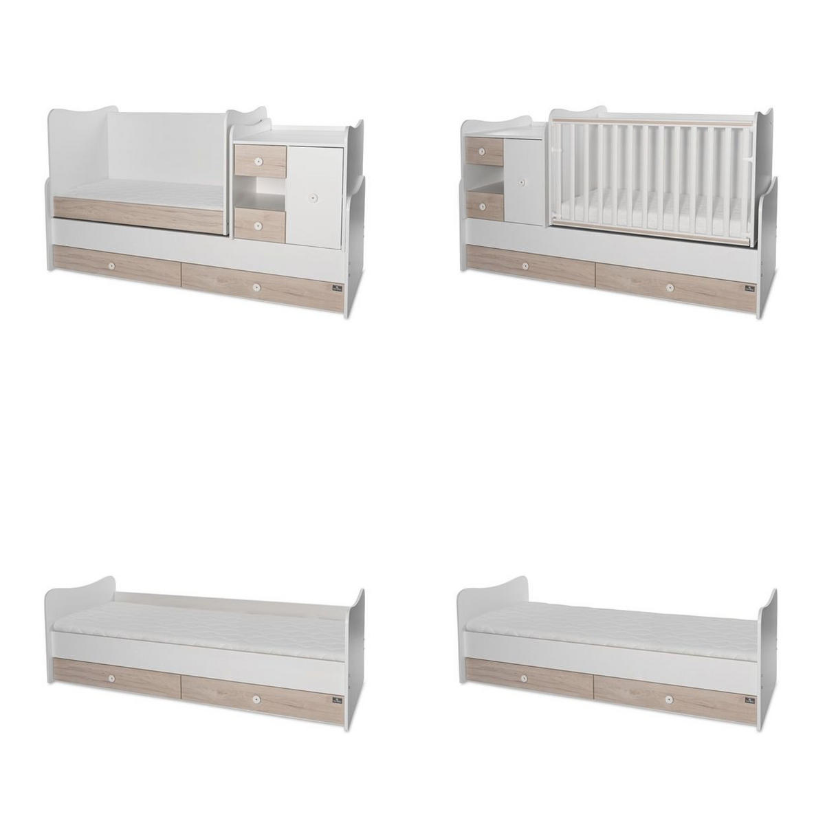 BABYBETT Mini Max 3 in 1 grau weiß 120 x 60 cm, Jugendbett 190 x 72 cm, Wickelkommode, Schaukelfunktion - Grau, Holzwerkstoff (72/190cm) - Lorelli