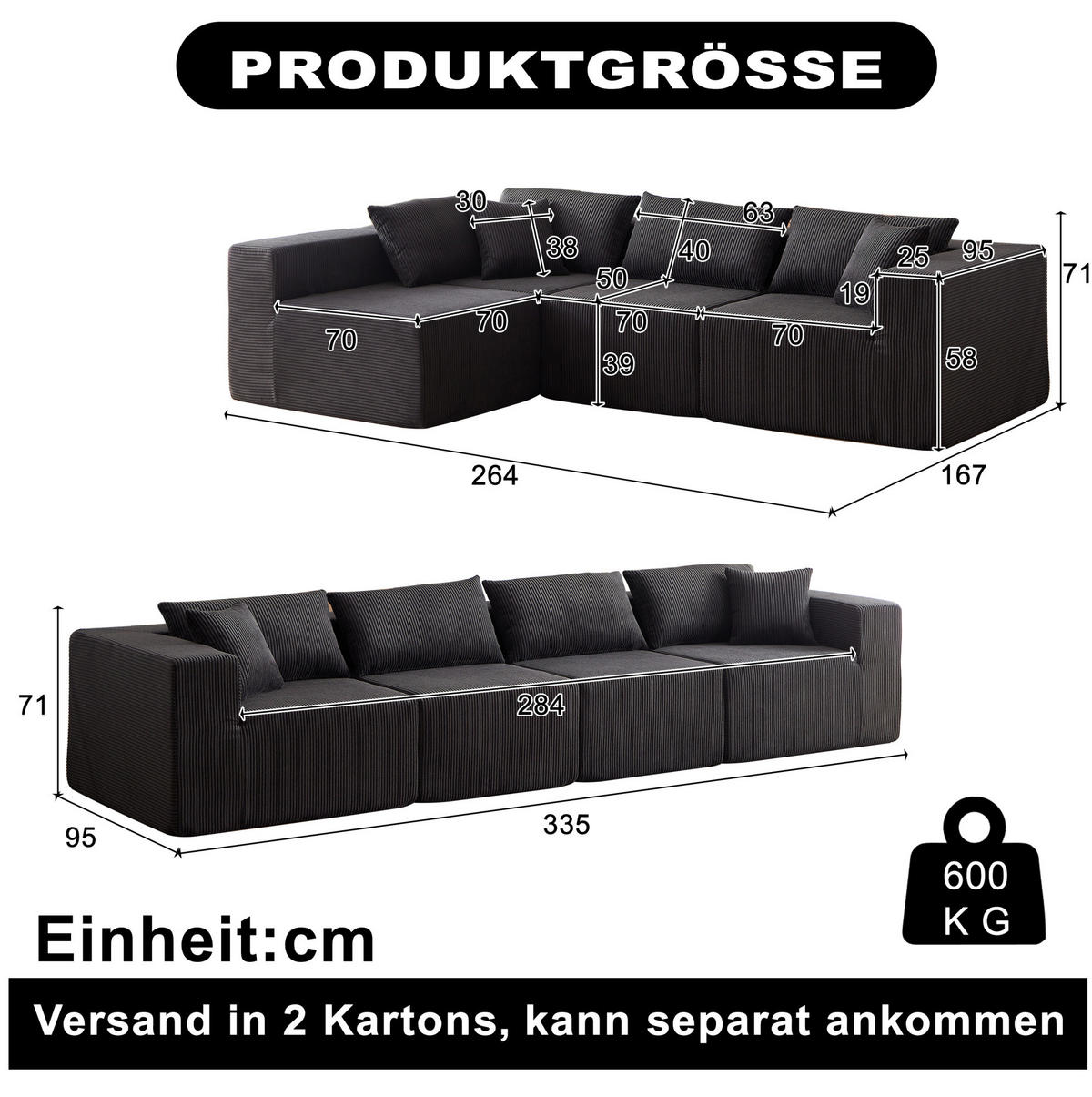 ECKSOFA 264/167/71 cm schwarz aus Cord und Schaumstoff mit freier Kombination - Schwarz, Textil (167/264cm) - OKWISH