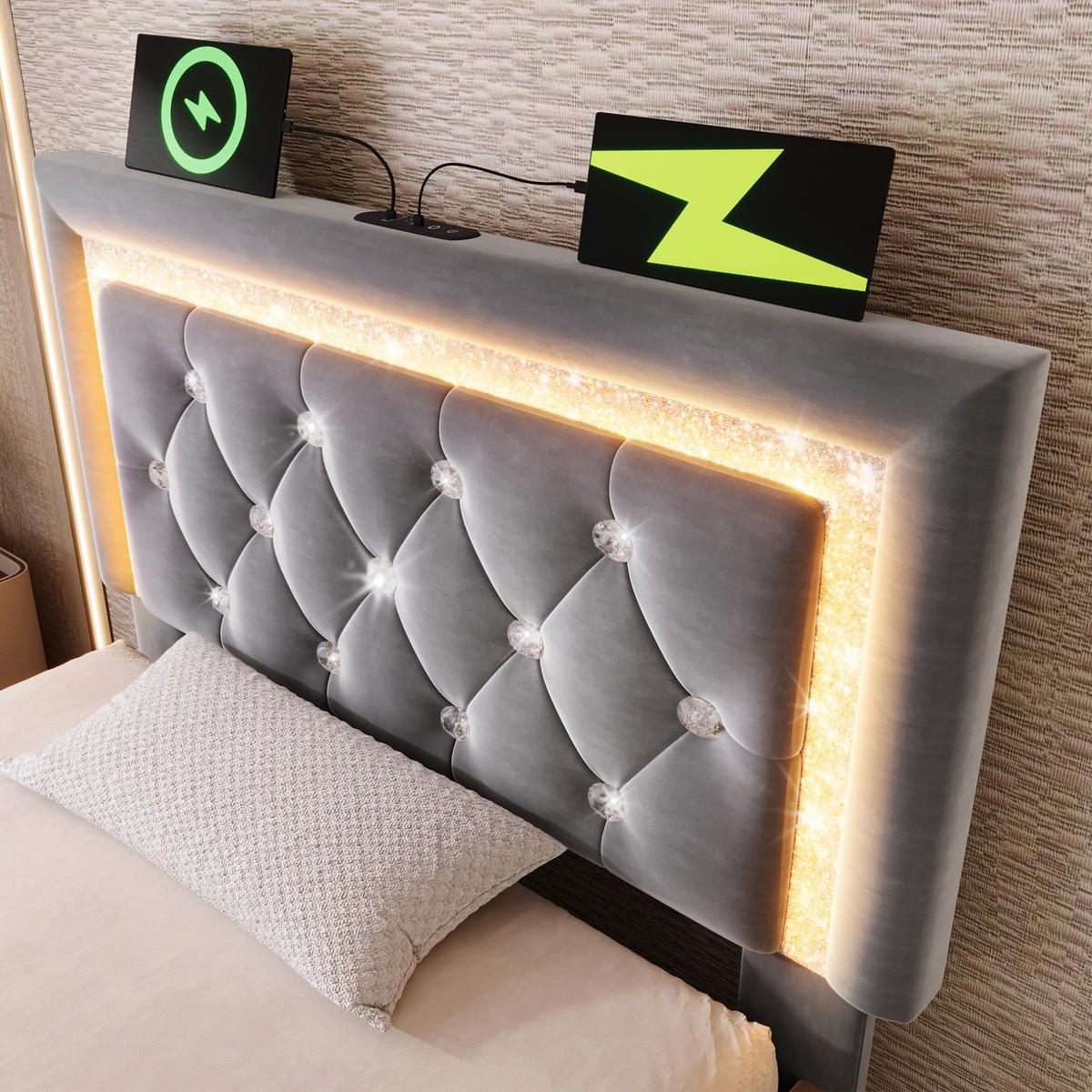 POLSTERBETT mit Bettkasten 90x200 cm Samt Grau mit LED - Grau, Metall (90/200cm) - Meubliv