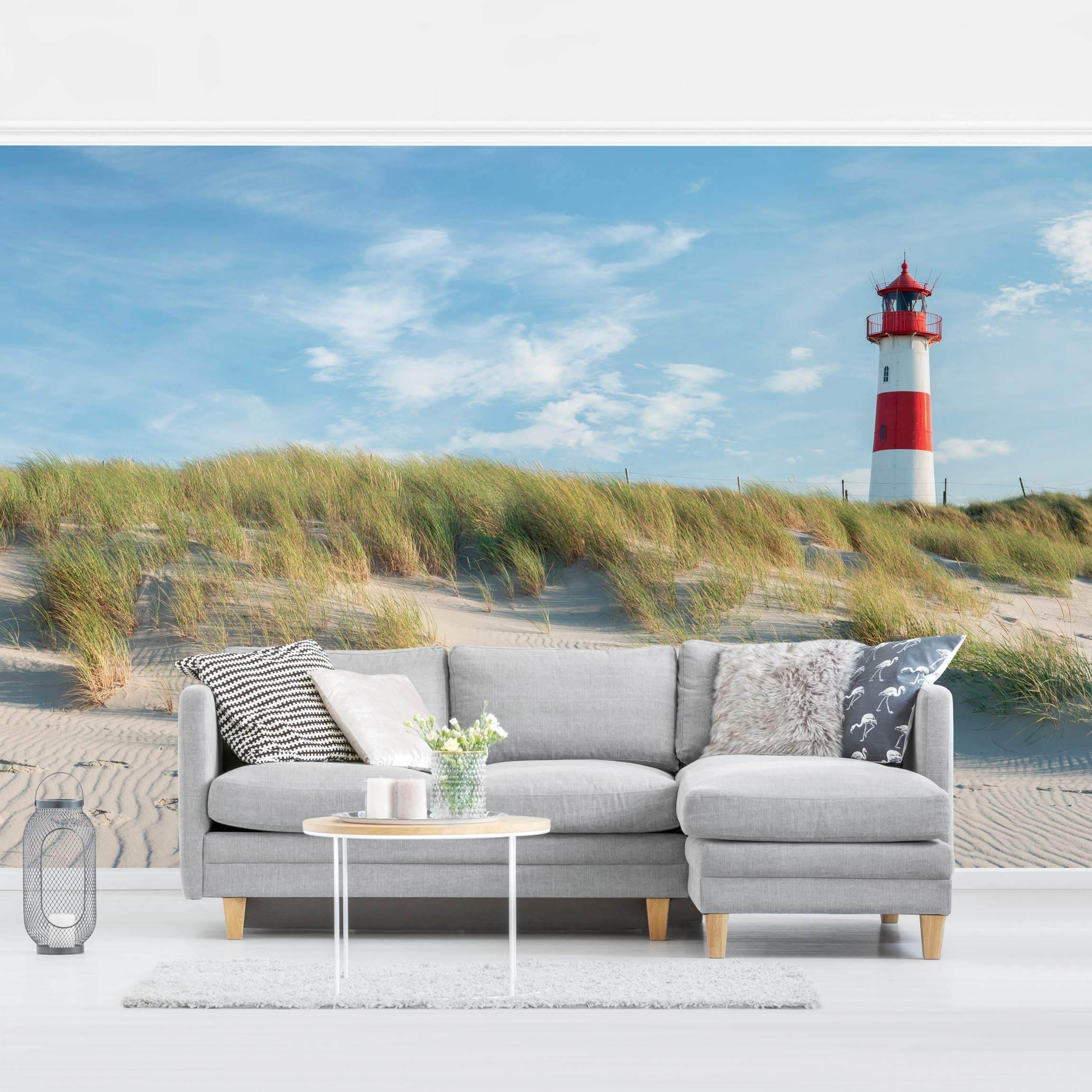 FOTOTAPETE Leuchtturm an der Nordsee 432/290 cm - Blau, Papier (432/290cm) - Bilderwelten